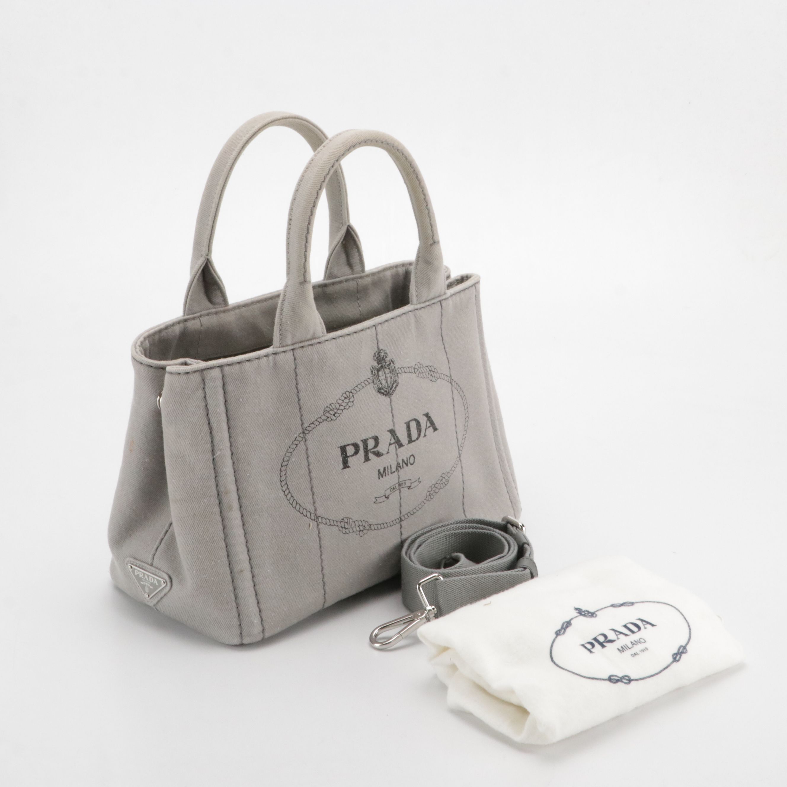 Prada Small Canapa Logo Two-Way Tote in Light Grey Denim
