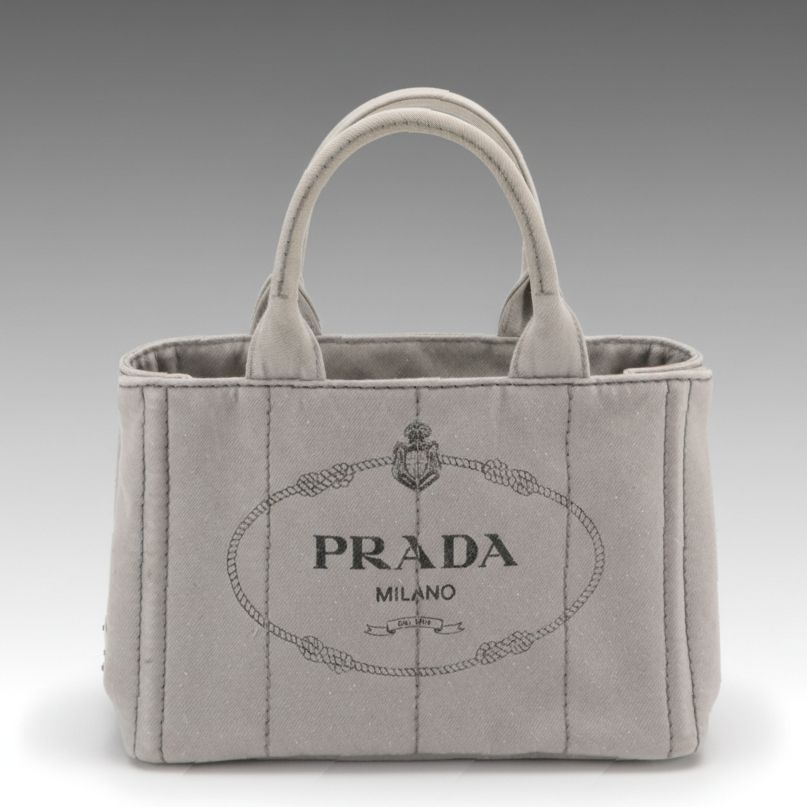 Prada Small Canapa Logo Two-Way Tote in Light Grey Denim