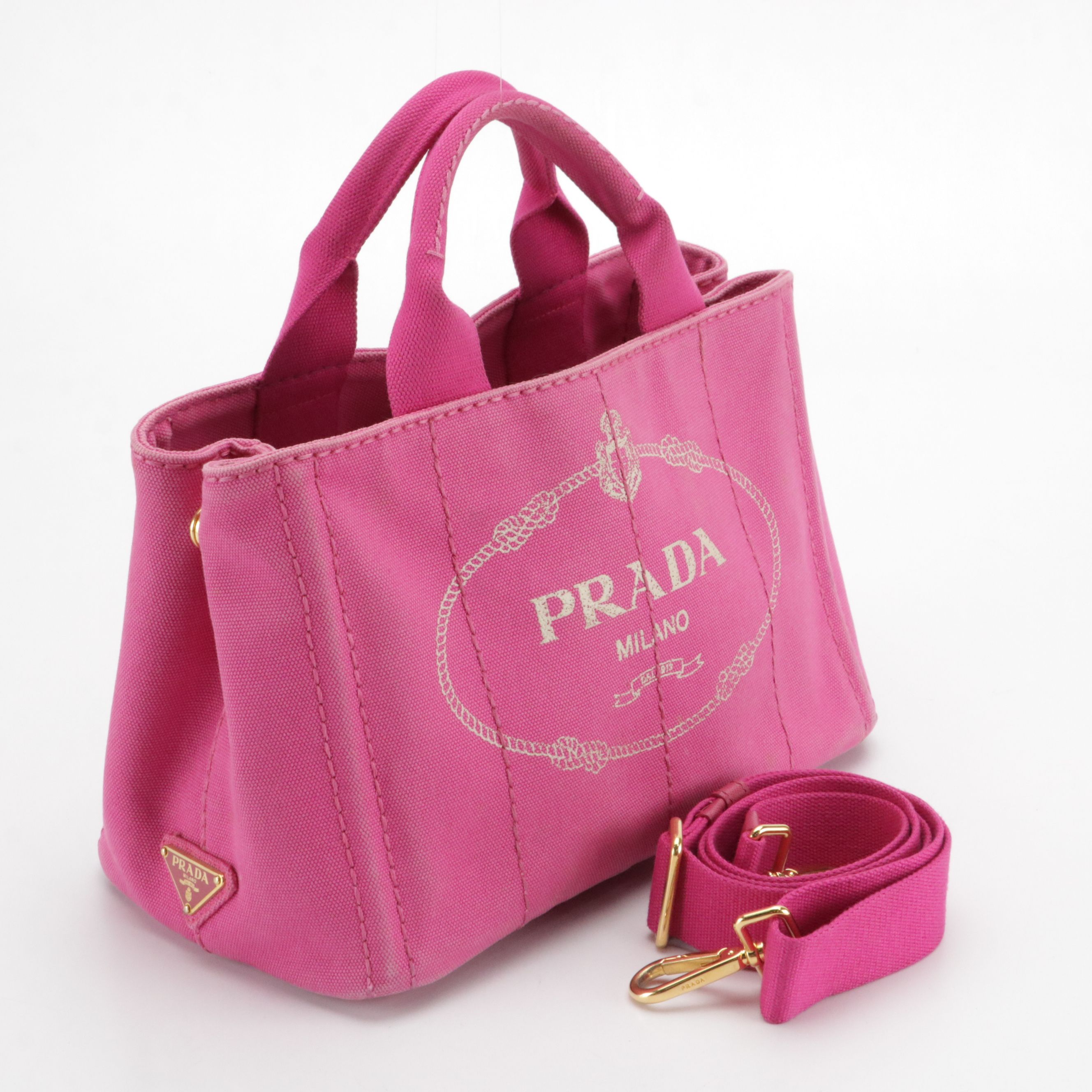 Prada Small Canapa Logo Two-Way Tote in Pink Canvas