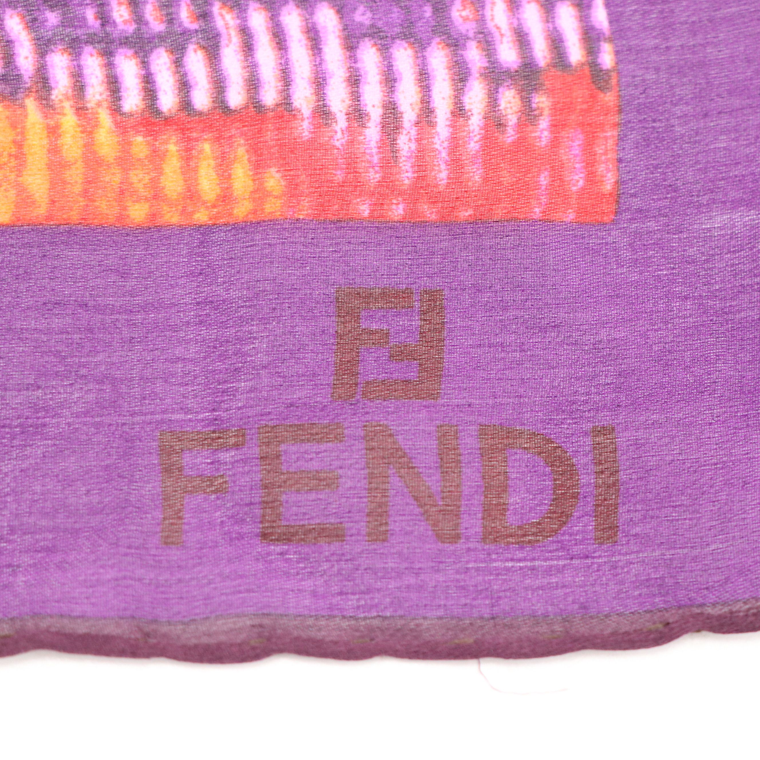 Fendi Purple/Orange Abstract Pattern Scarf 90 in Silk Chiffon