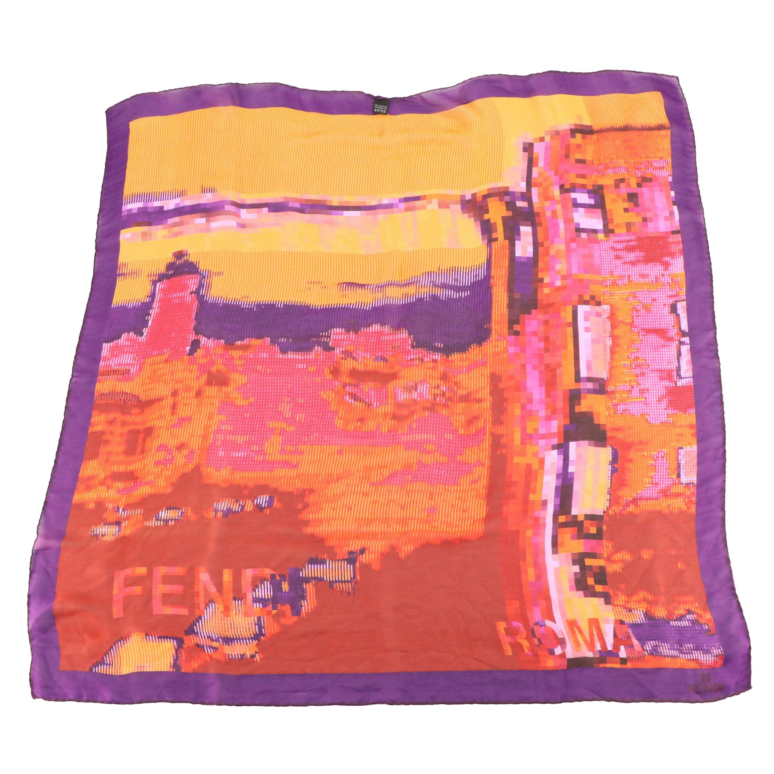 Fendi Purple/Orange Abstract Pattern Scarf 90 in Silk Chiffon