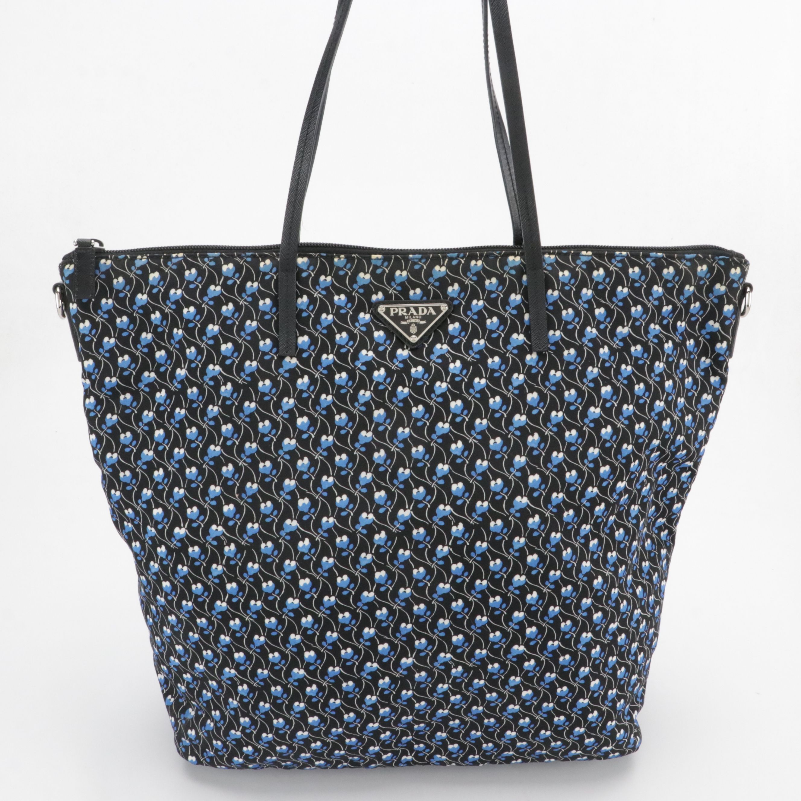 Prada Zippered Two-Way Tote in Stampato Tessuto Nylon and Saffiano Leather