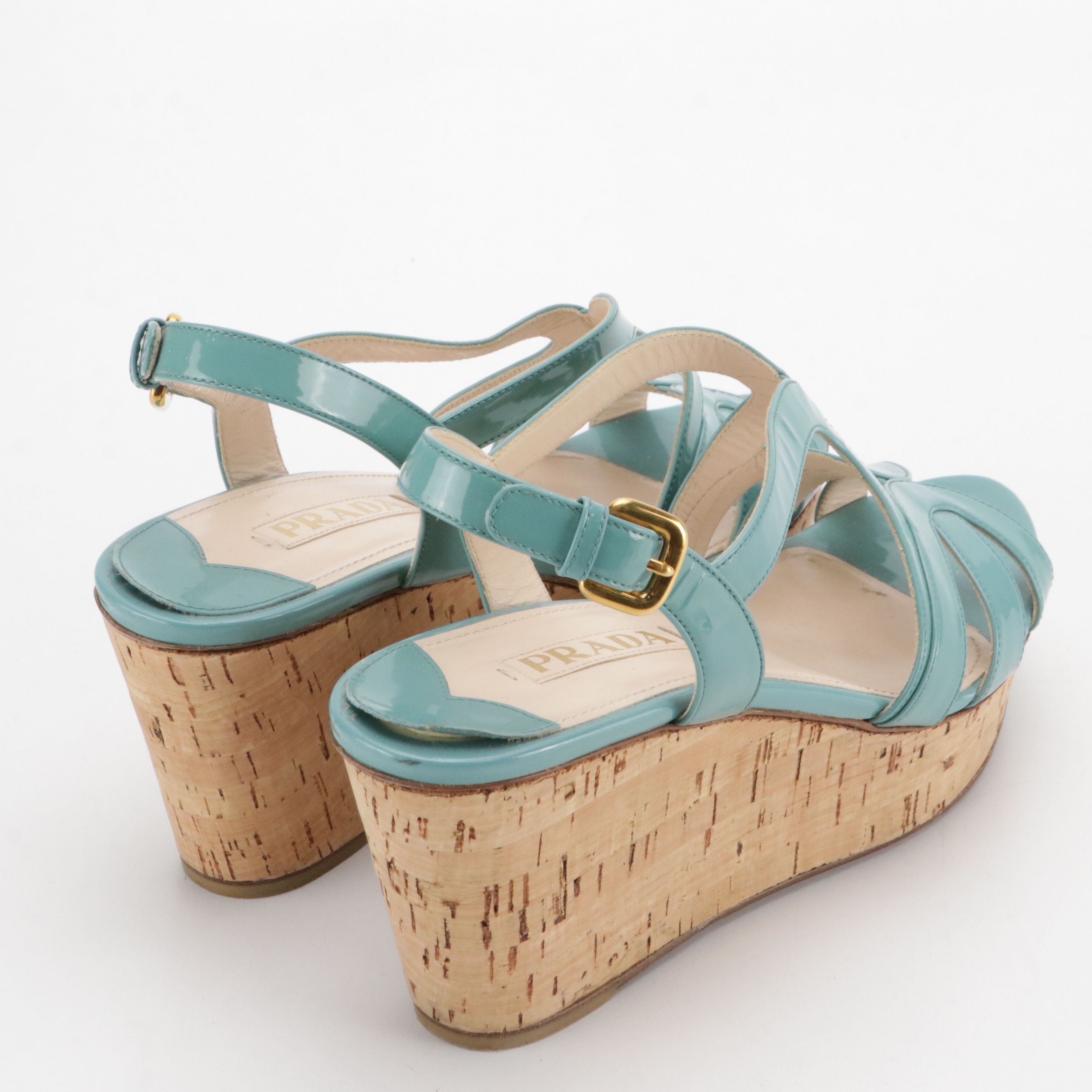 Prada Strappy Platform Wedges in Turquoise Patent Leather