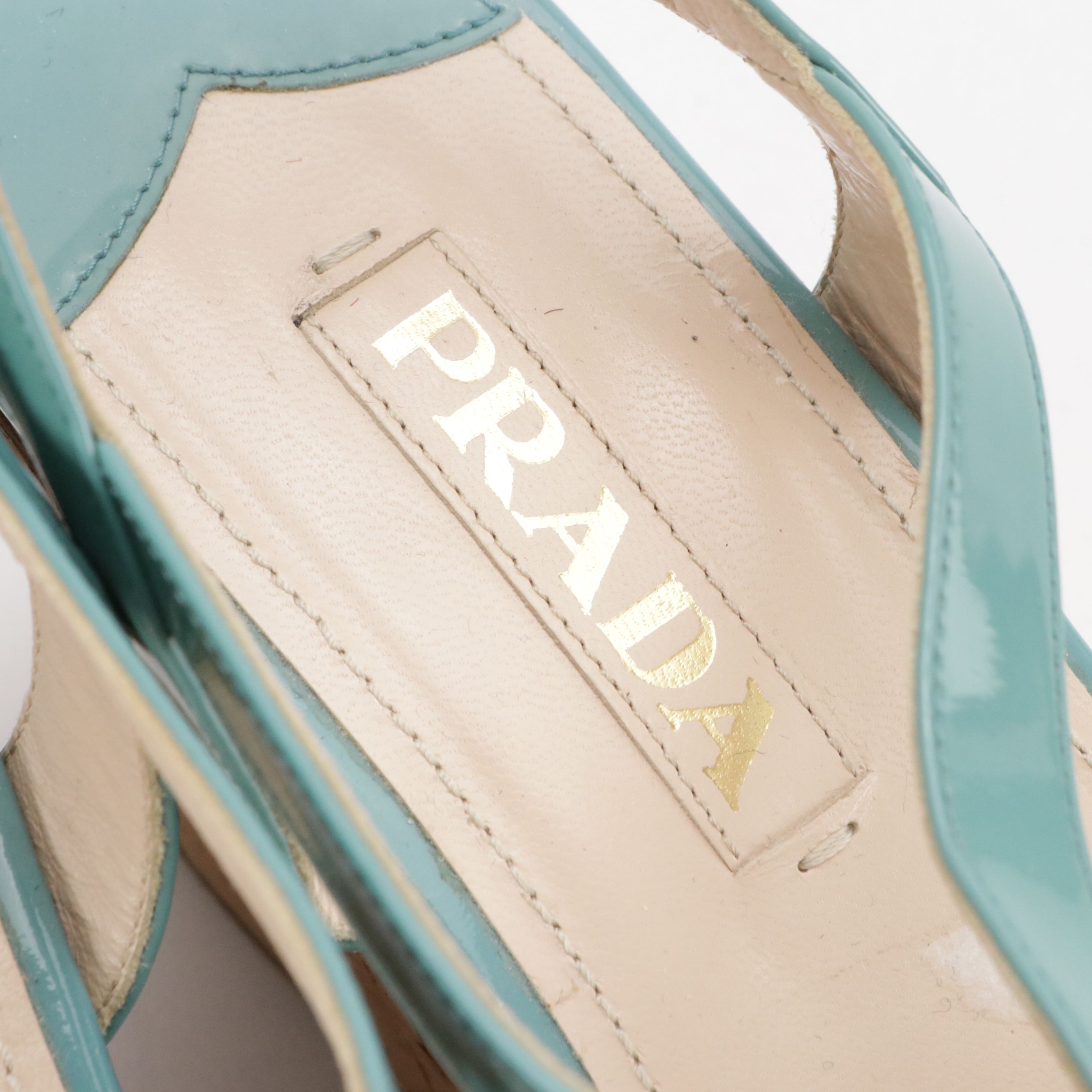 Prada Strappy Platform Wedges in Turquoise Patent Leather