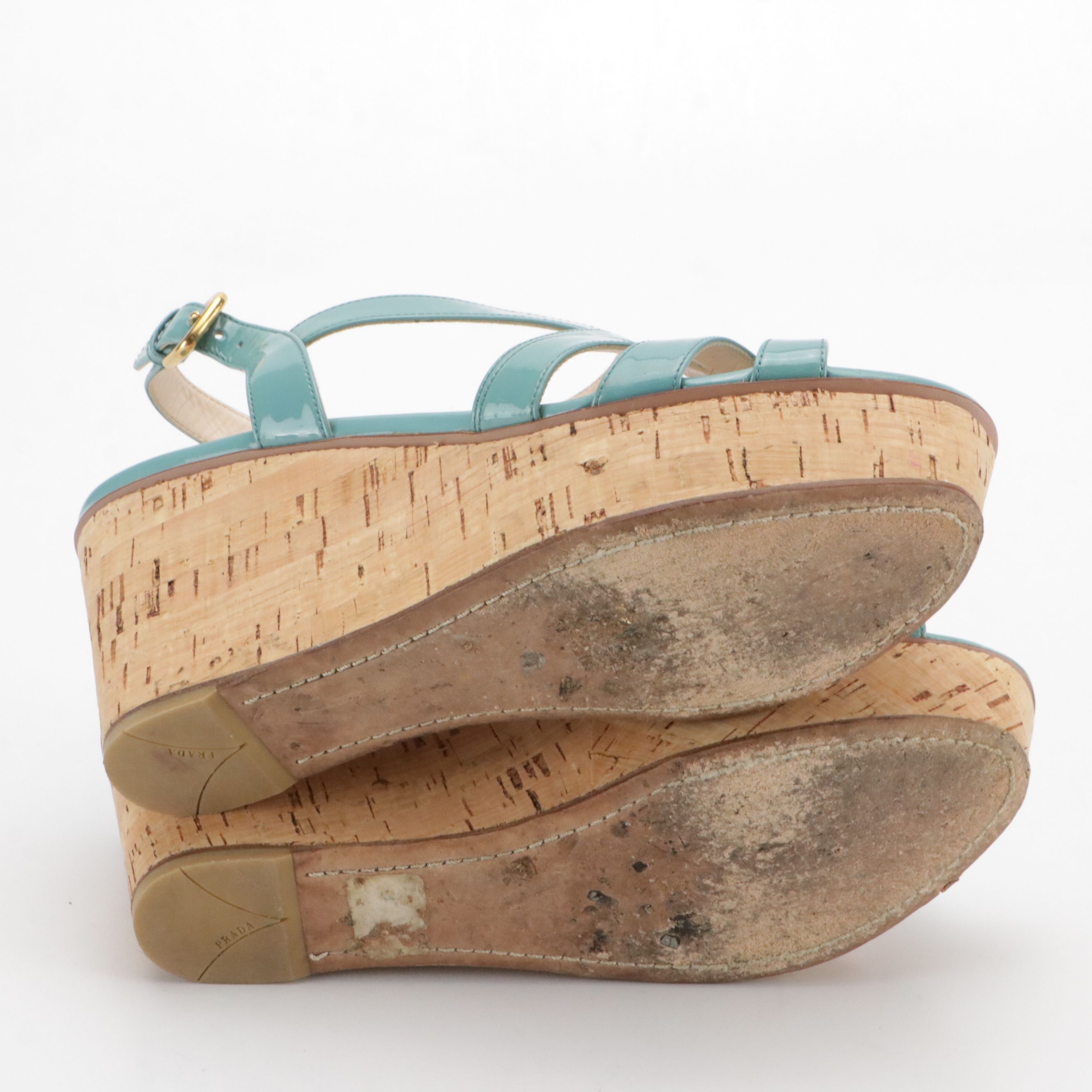Prada Strappy Platform Wedges in Turquoise Patent Leather