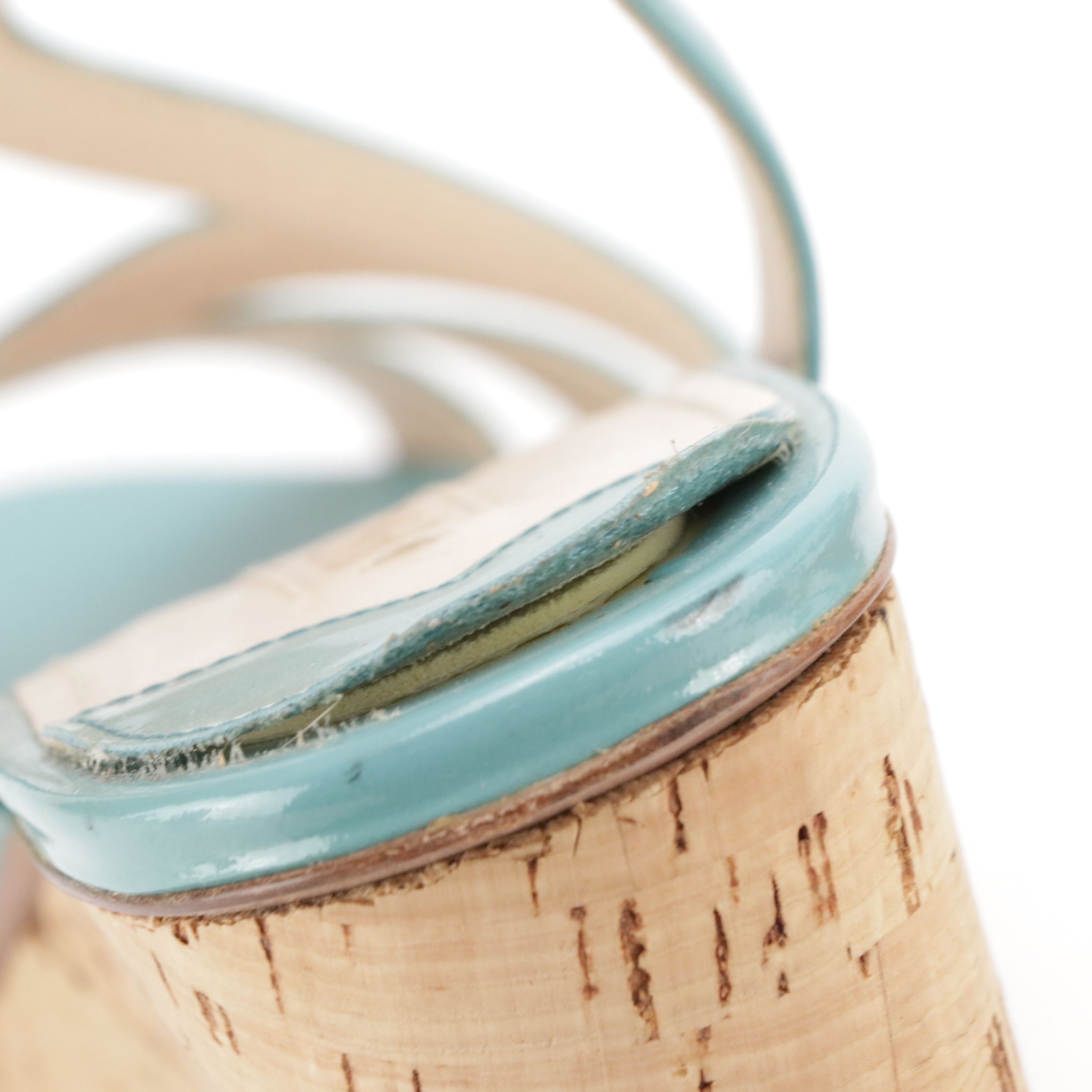 Prada Strappy Platform Wedges in Turquoise Patent Leather