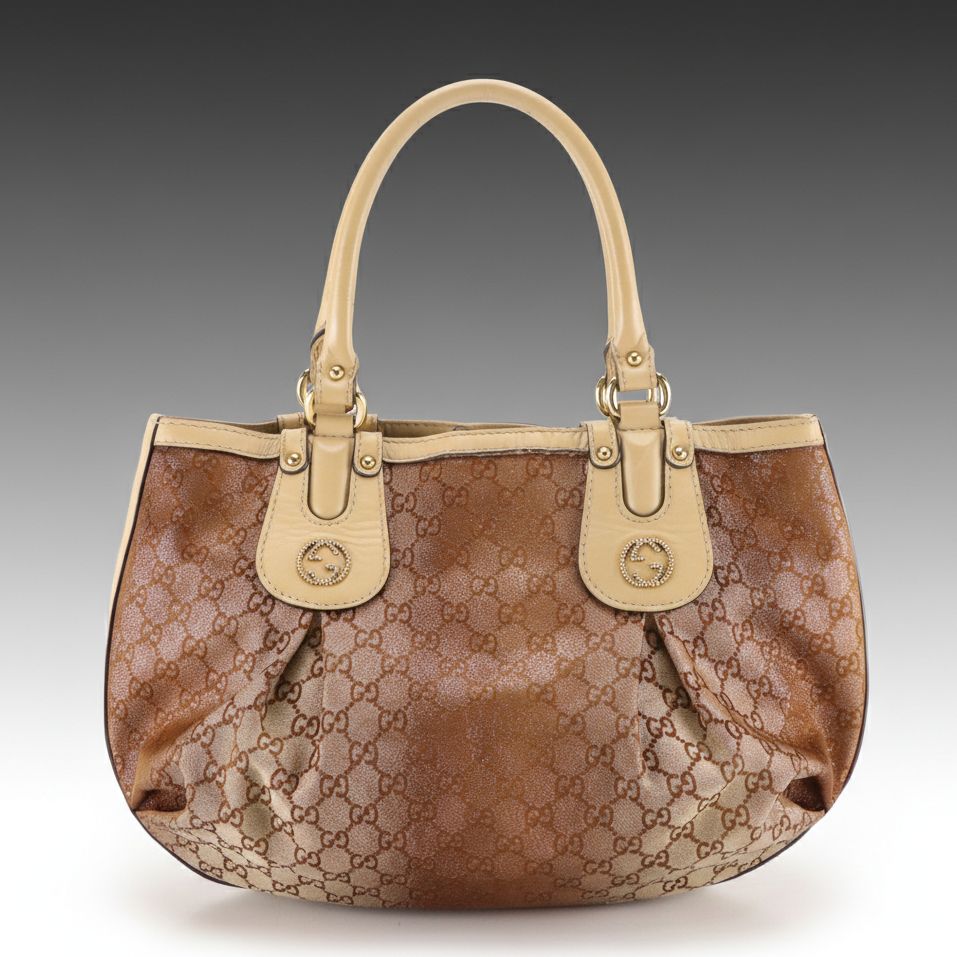 Gucci GG Studded Scarlett Handbag in Metallic Ombré GG Canvas and Beige Leather