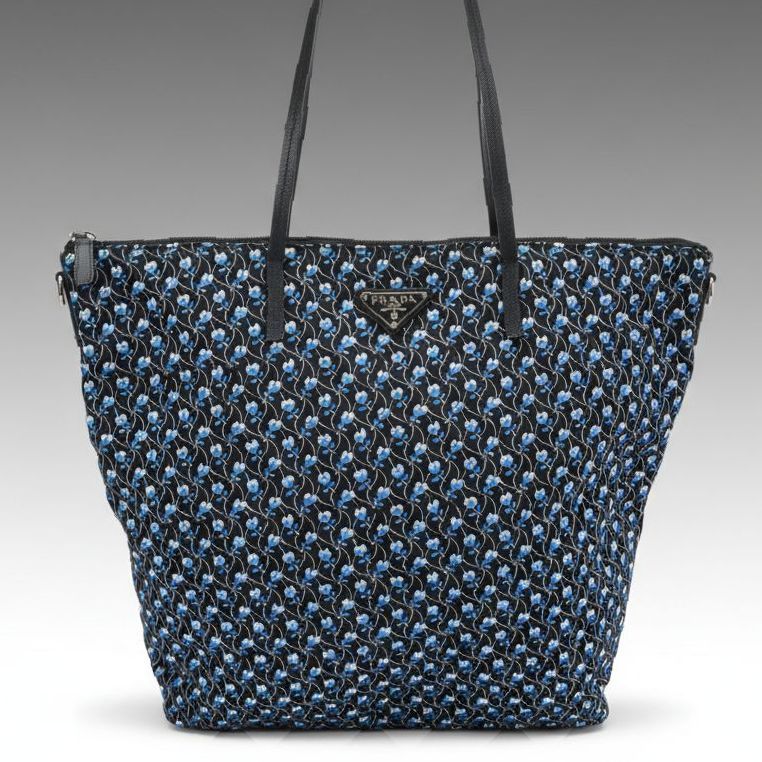 Prada Zippered Two-Way Tote in Stampato Tessuto Nylon and Saffiano Leather