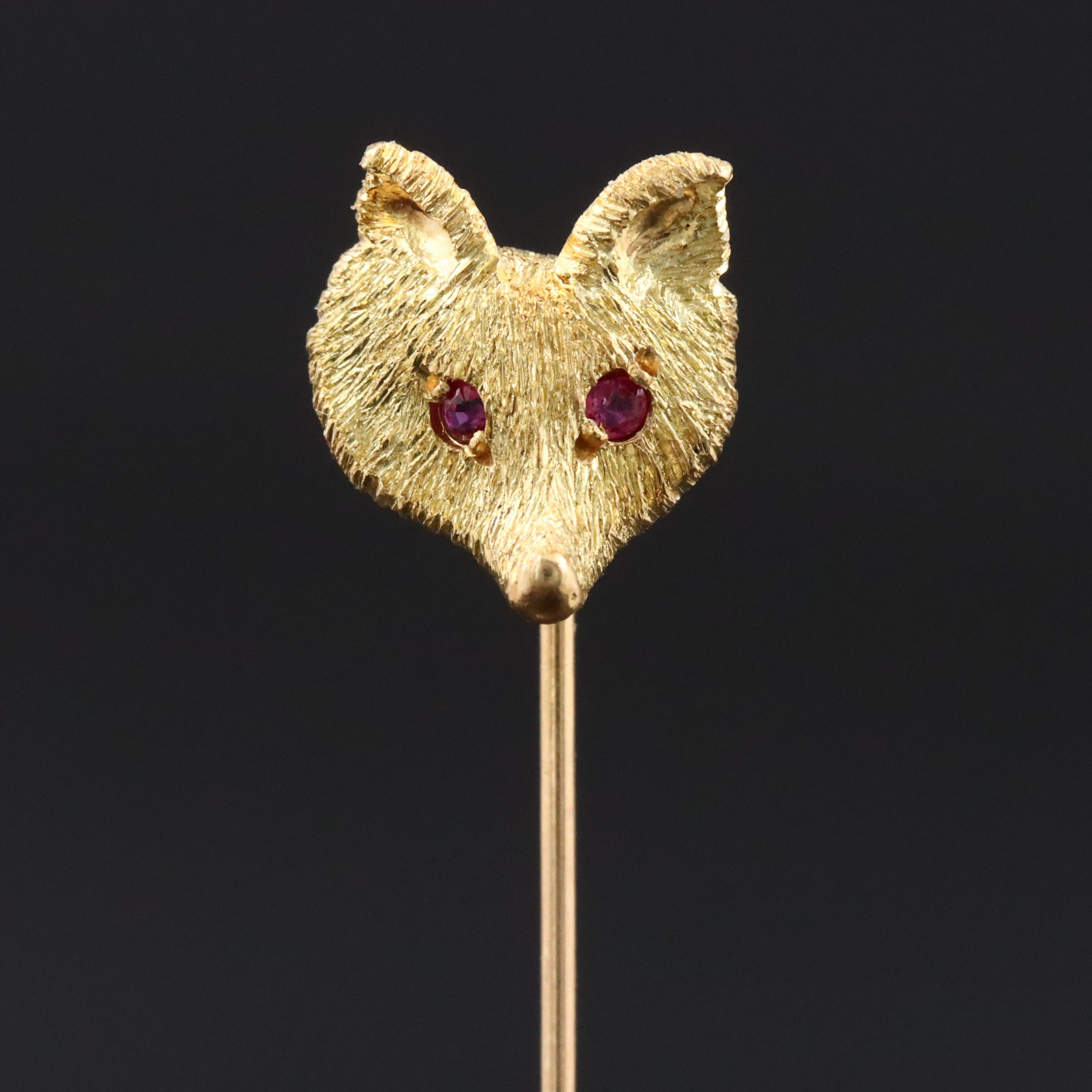 Victorian 18K and 14K Fox Head Stickpin with Ruby Eyes