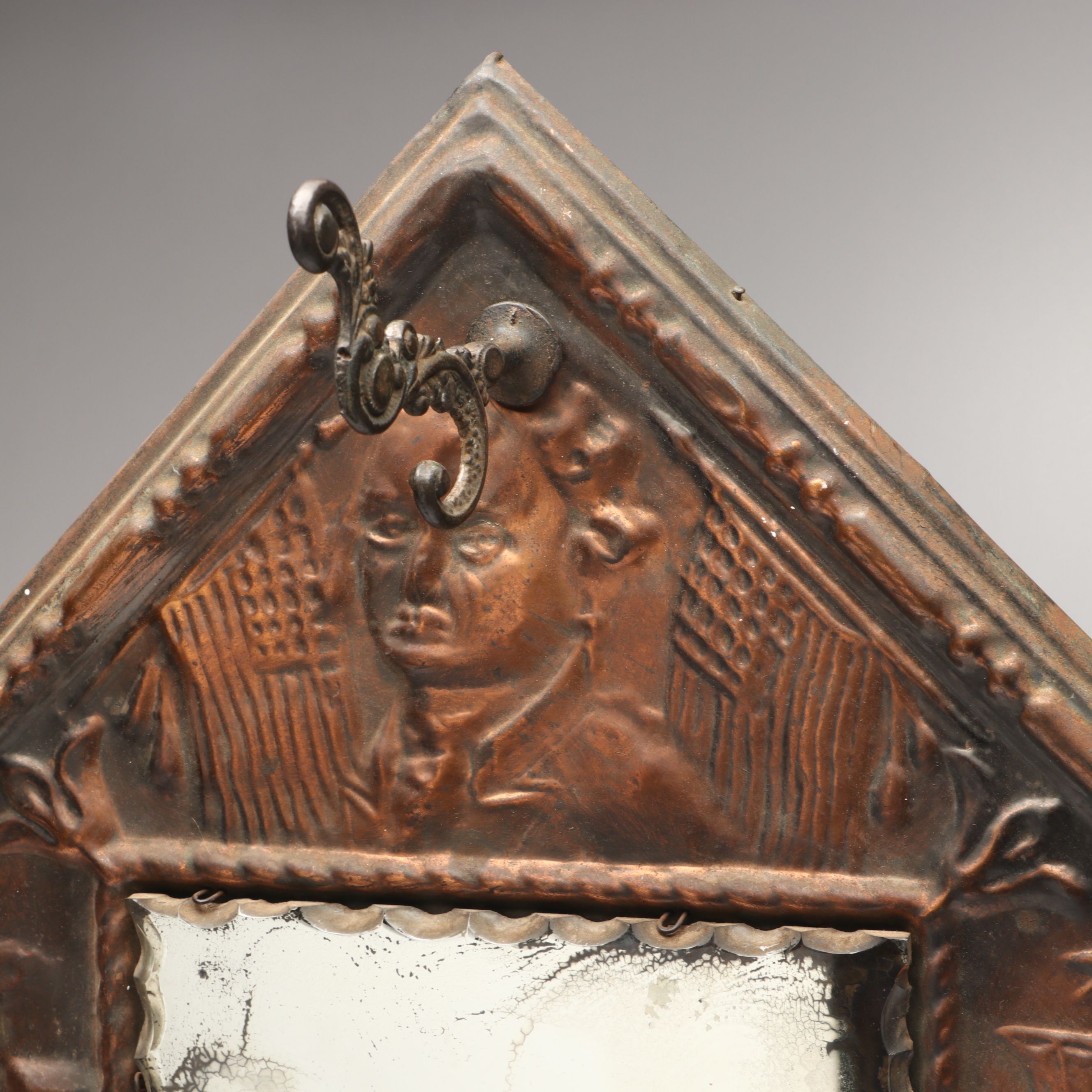 Antique Embossed Patriotic Copper Hat Rack Mirror, Late 19th/Early 20th Century