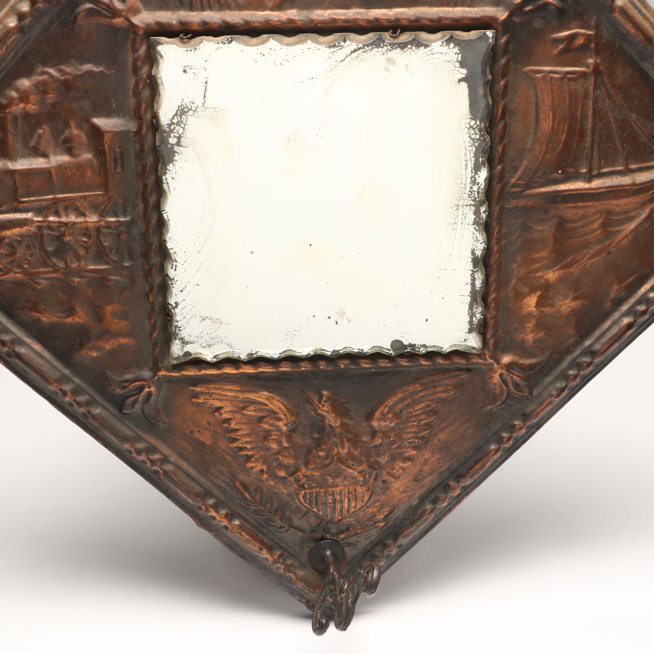 Antique Embossed Patriotic Copper Hat Rack Mirror, Late 19th/Early 20th Century
