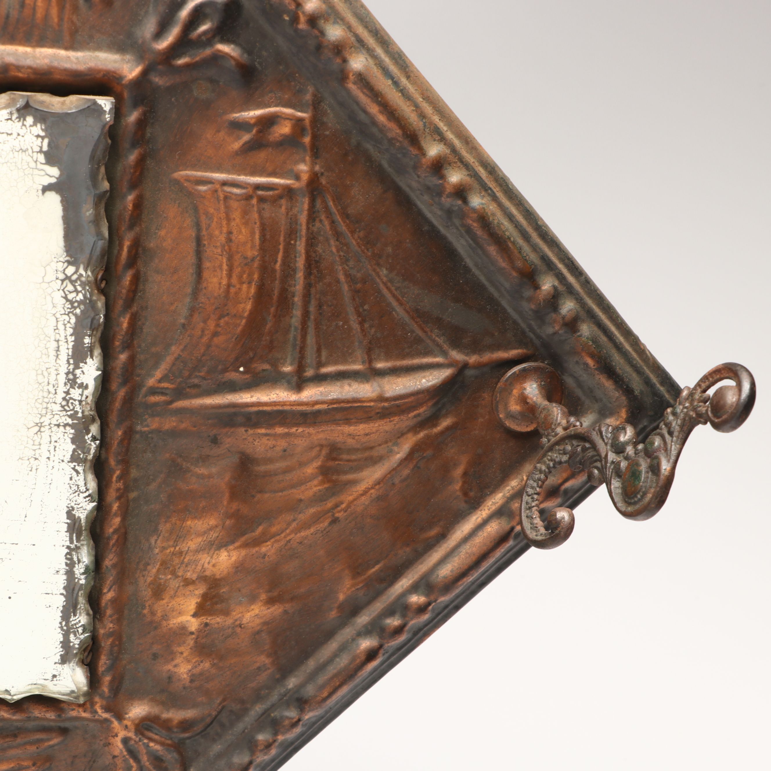 Antique Embossed Patriotic Copper Hat Rack Mirror, Late 19th/Early 20th Century