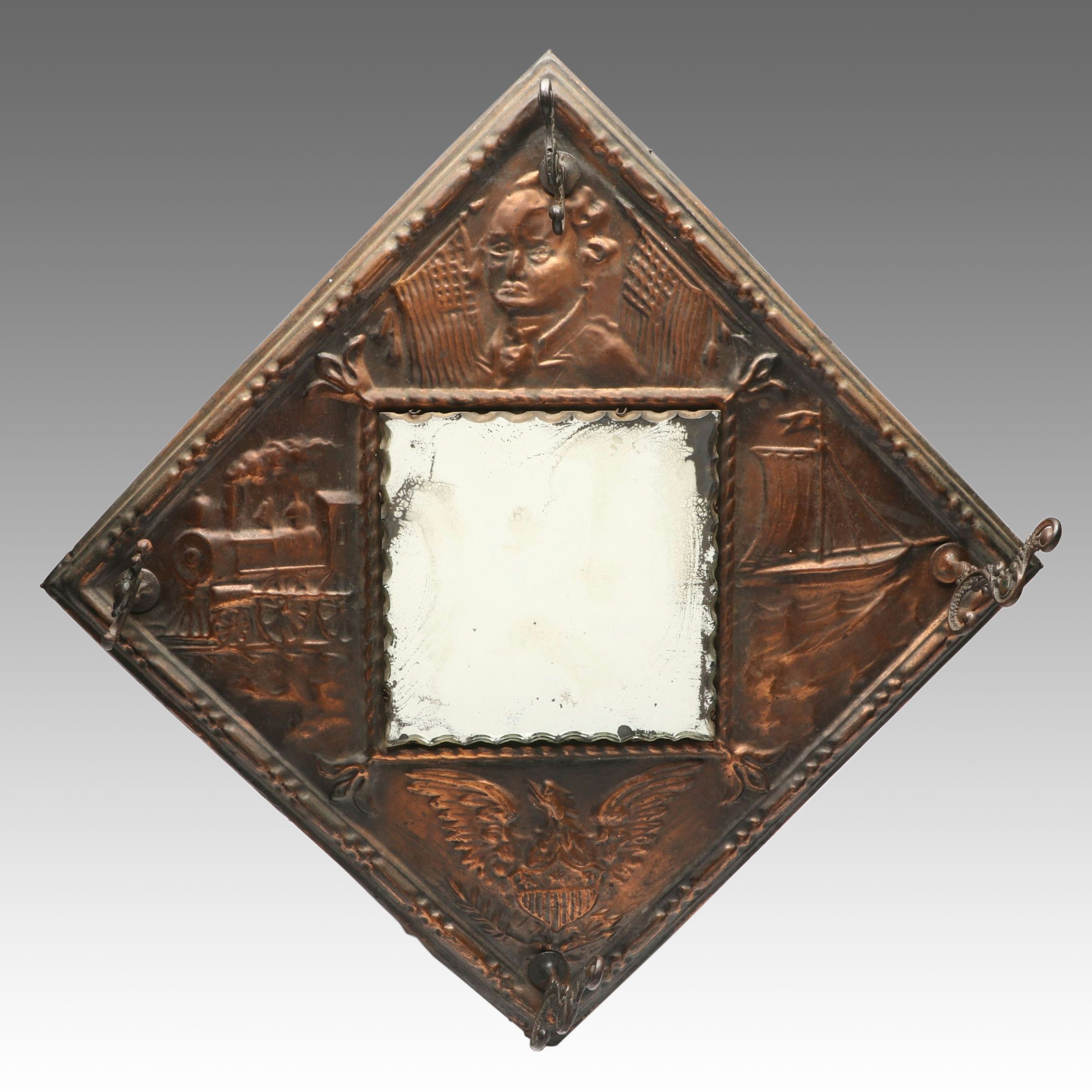 Antique Embossed Patriotic Copper Hat Rack Mirror, Late 19th/Early 20th Century