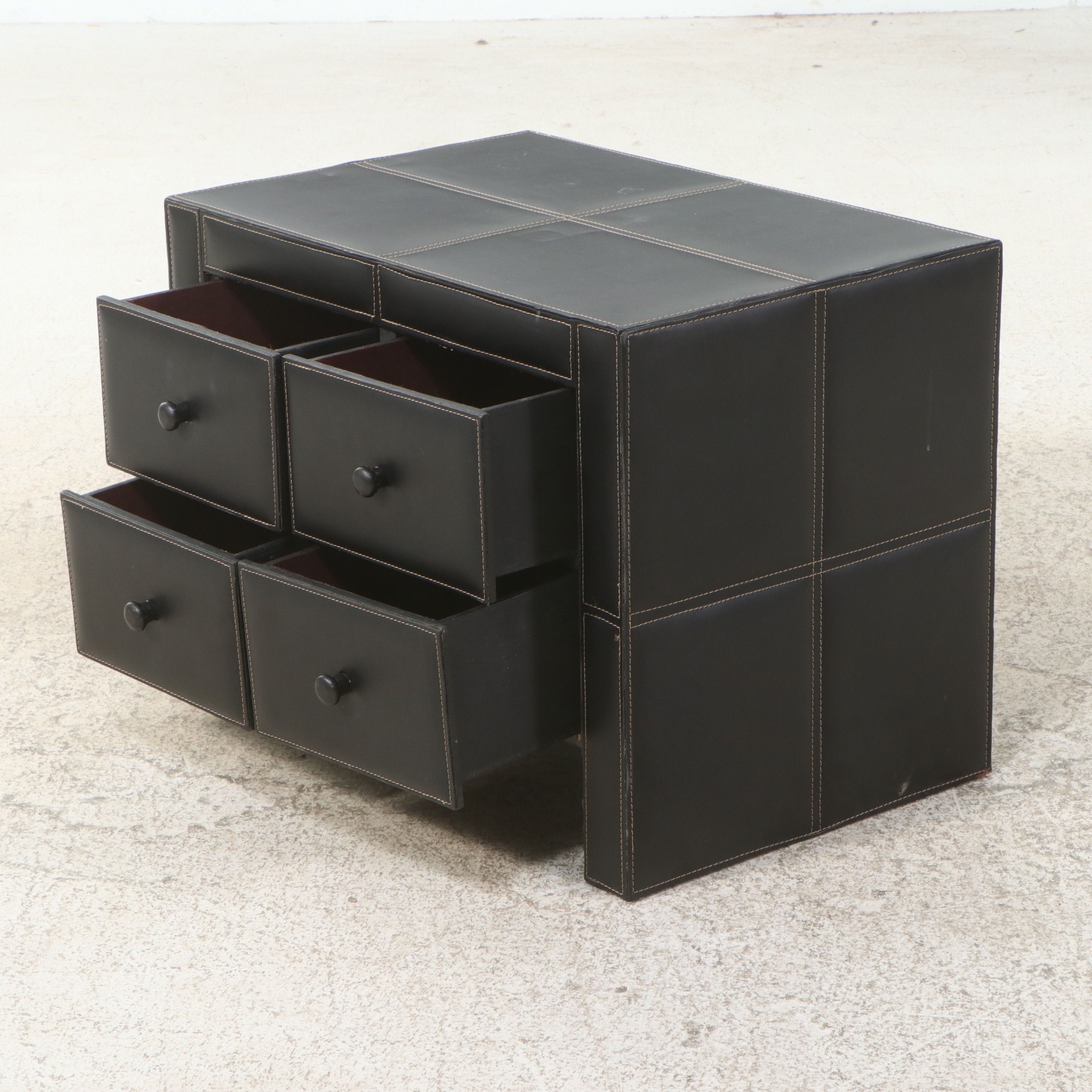 Contemporary Contrast-Stitched Black Leather Four-Drawer Commode