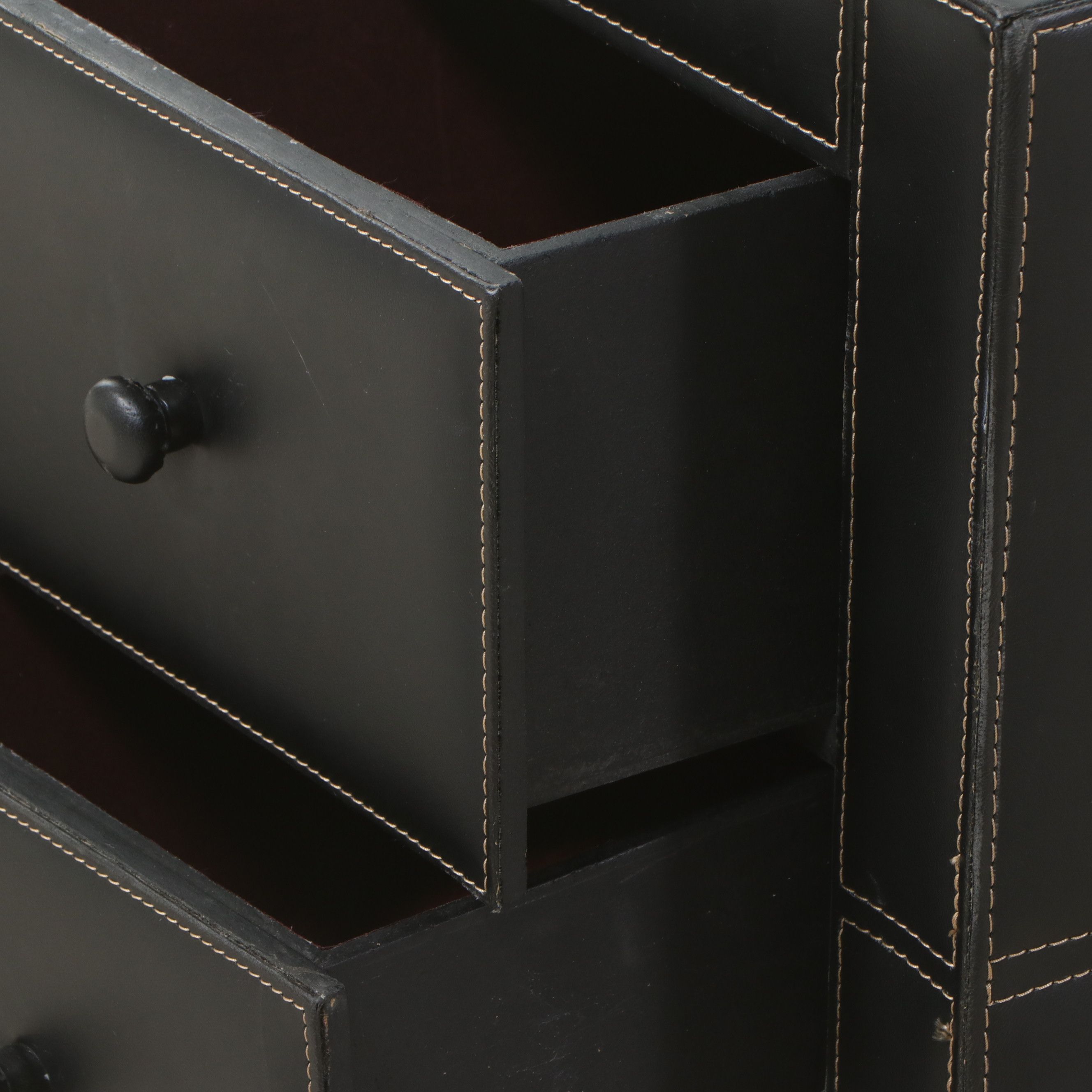 Contemporary Contrast-Stitched Black Leather Four-Drawer Commode