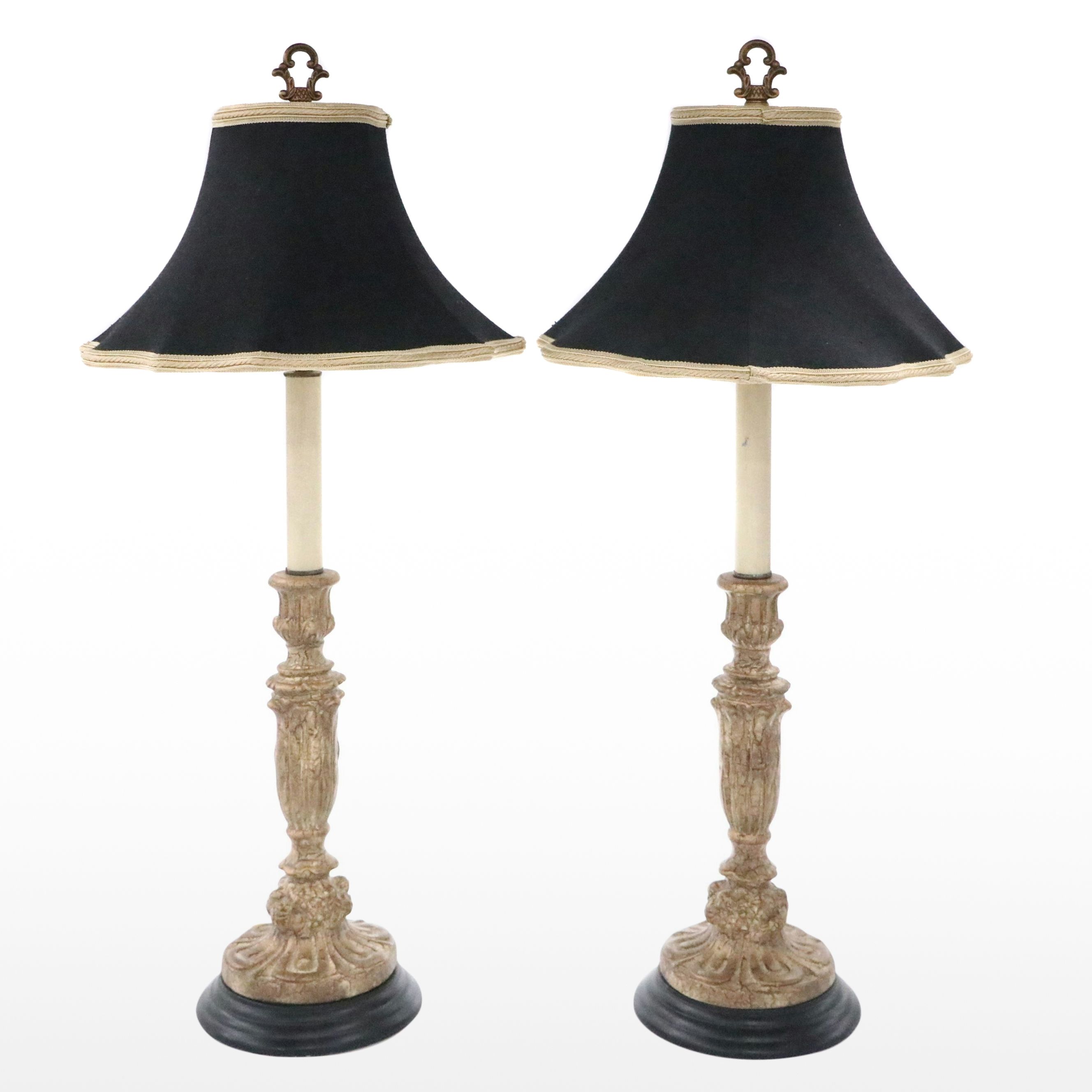 Victorian Style Wood Candlestick Table Lamps with Cotton Shades