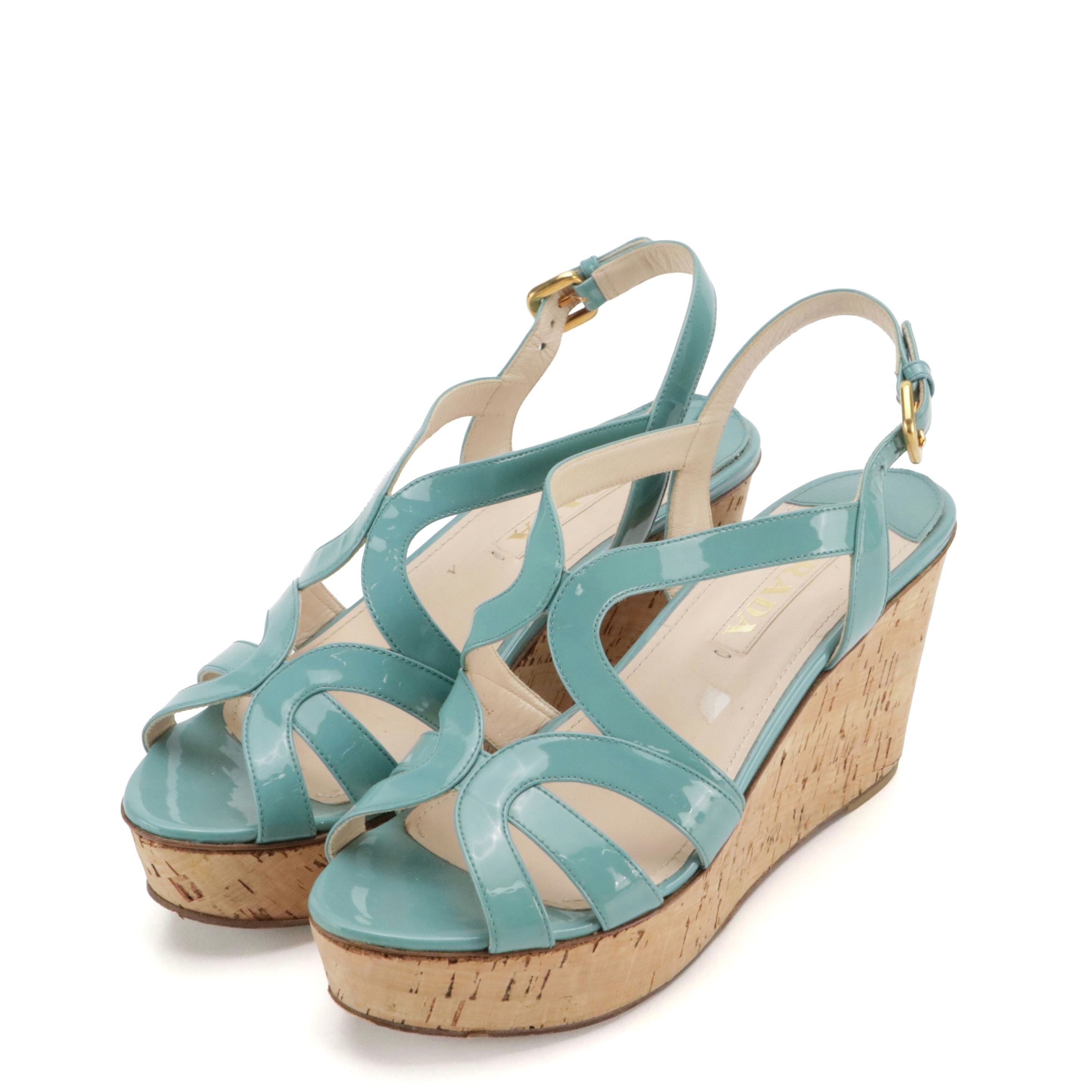 Prada Strappy Platform Wedges in Turquoise Patent Leather