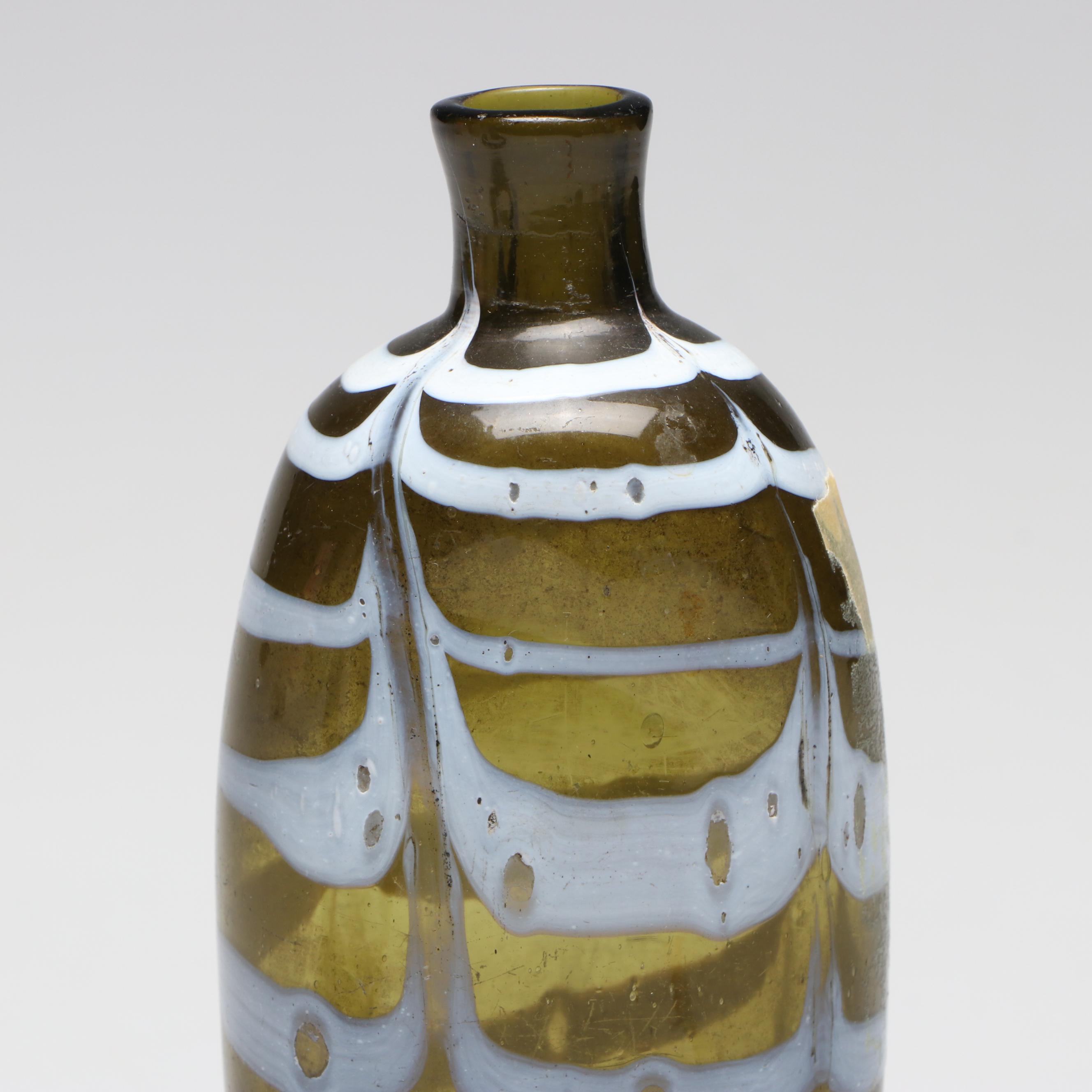 Feather Pulled Art Glass Vase on Wooden Stand