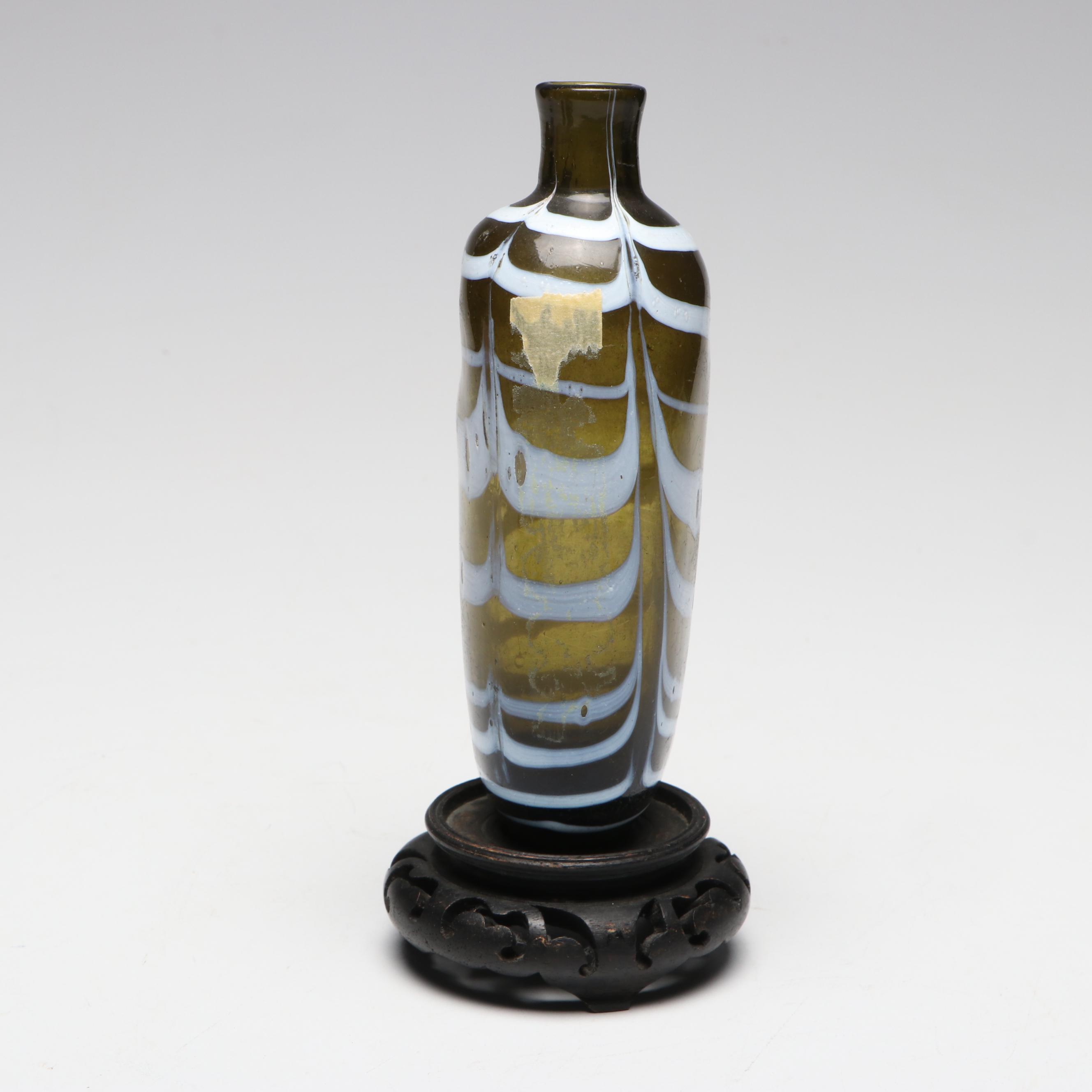 Feather Pulled Art Glass Vase on Wooden Stand