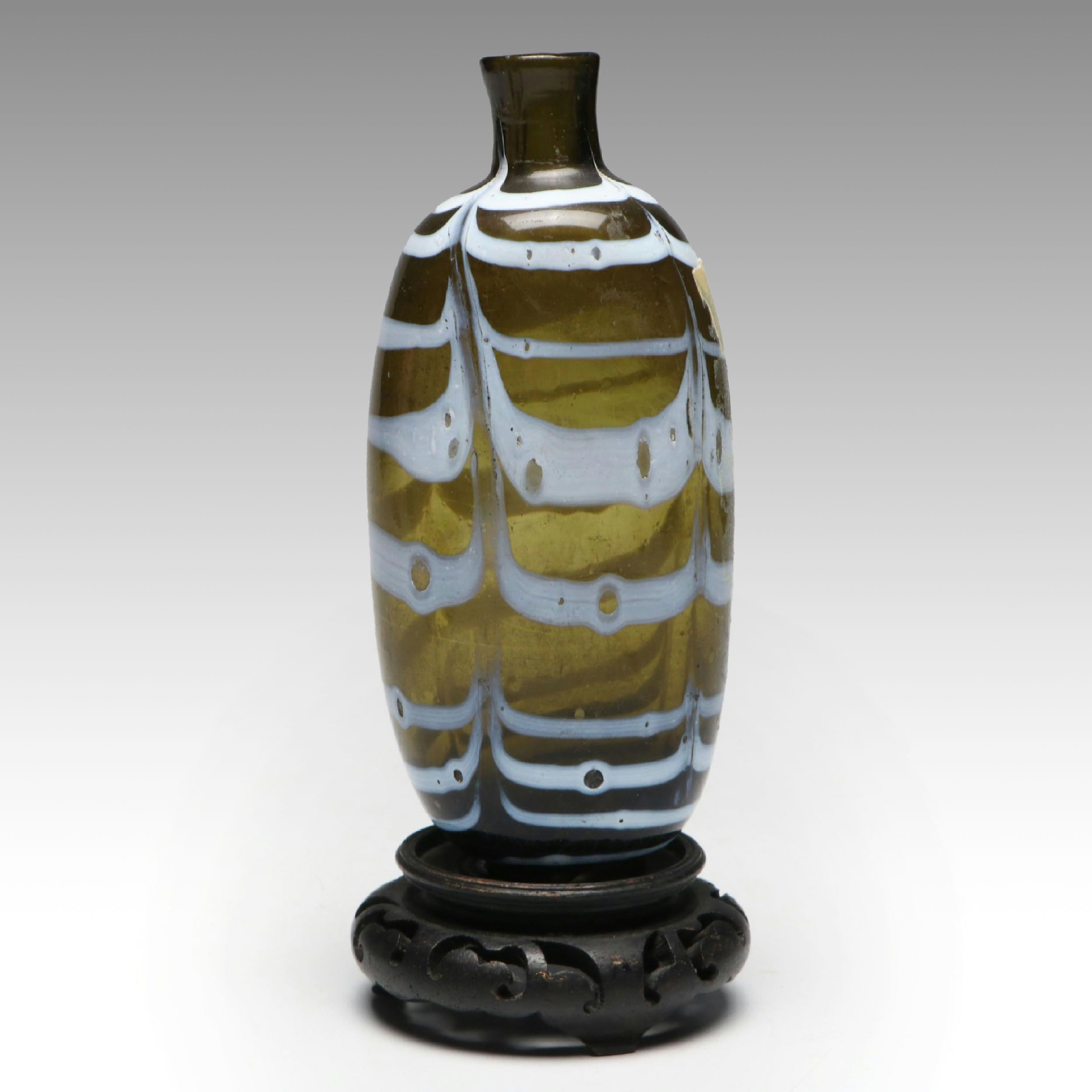 Feather Pulled Art Glass Vase on Wooden Stand