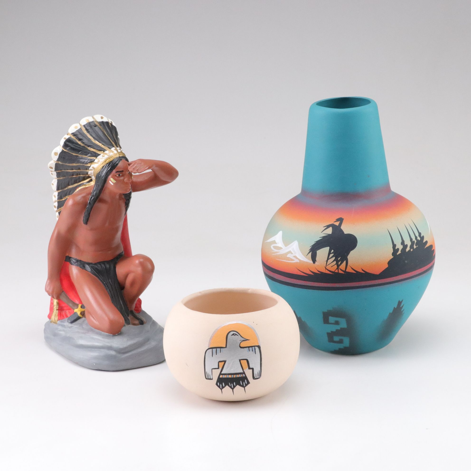 Diné Navajo and Cherokee Signed Vases with Native American Figurine