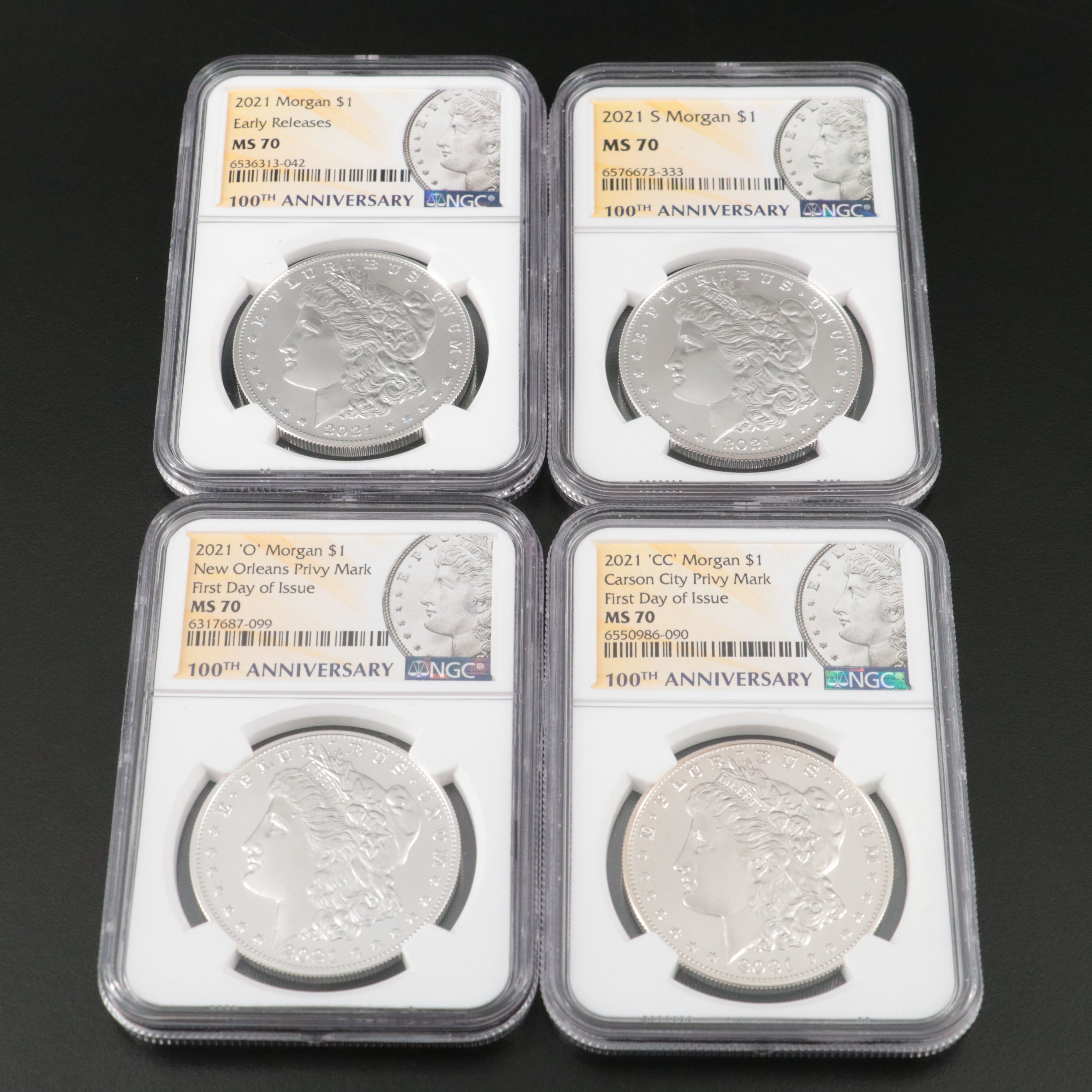 Four NGC MS70 2021 Morgan Silver Dollars, Three Mintmark Varieties, Including CC
