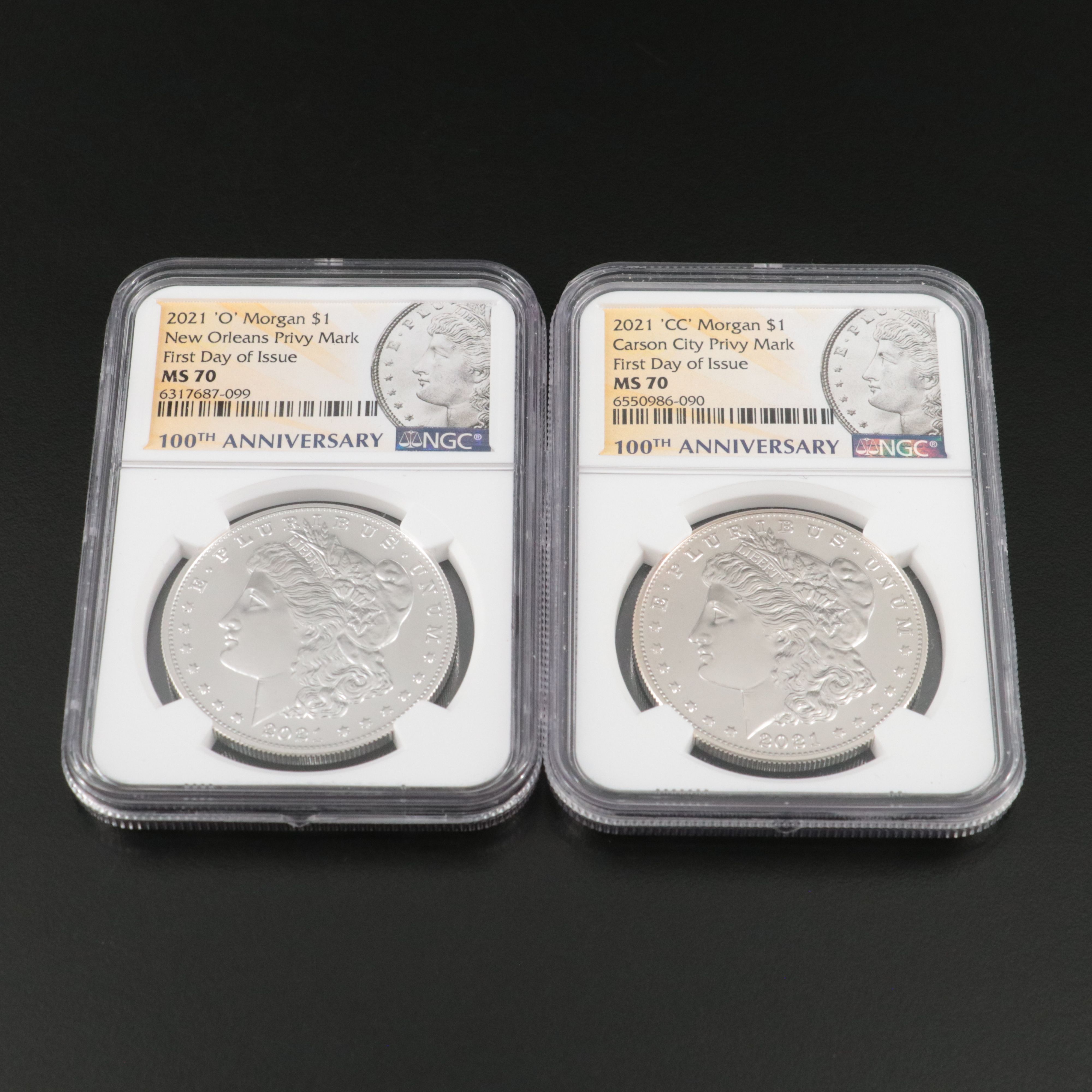 Four NGC MS70 2021 Morgan Silver Dollars, Three Mintmark Varieties, Including CC