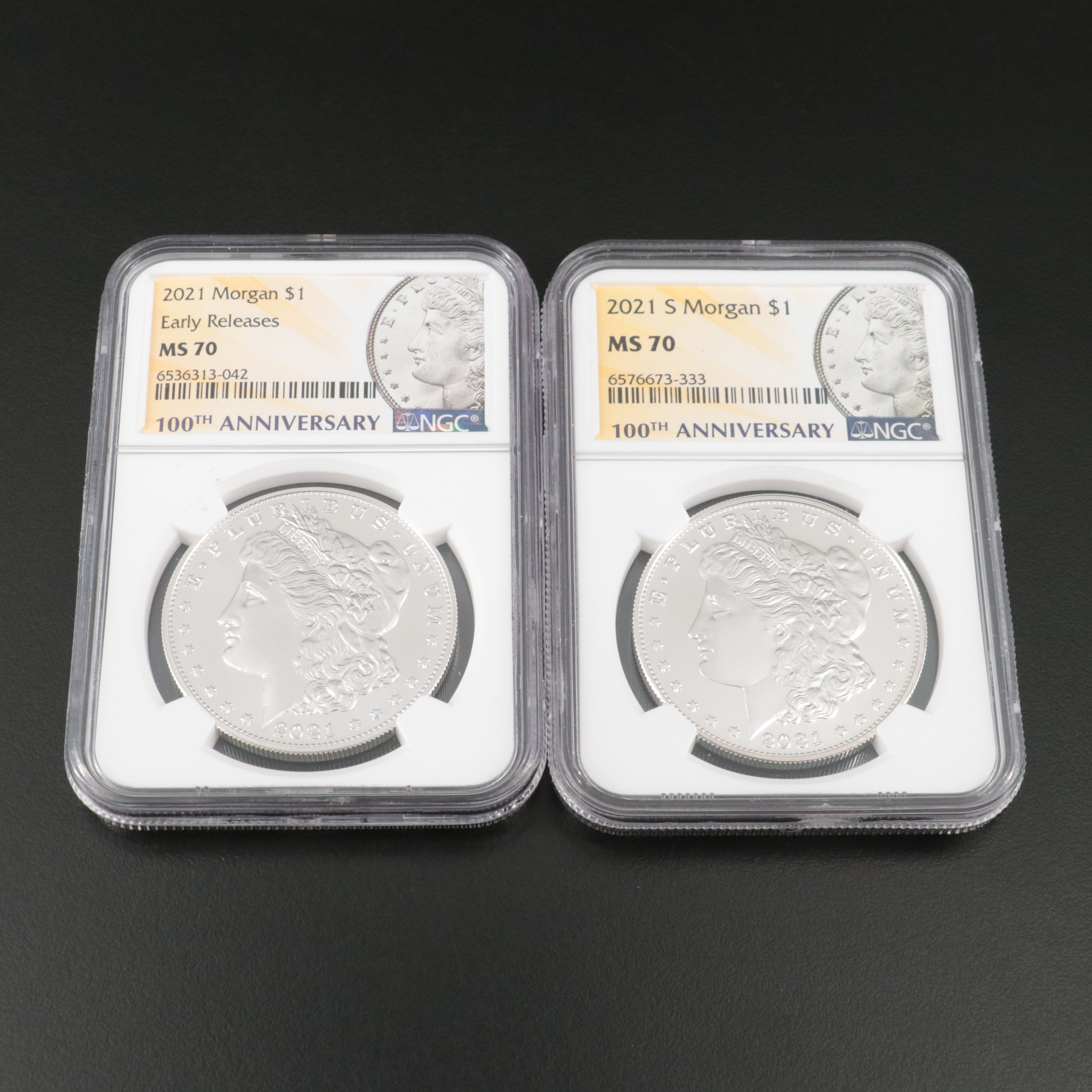 Four NGC MS70 2021 Morgan Silver Dollars, Three Mintmark Varieties, Including CC