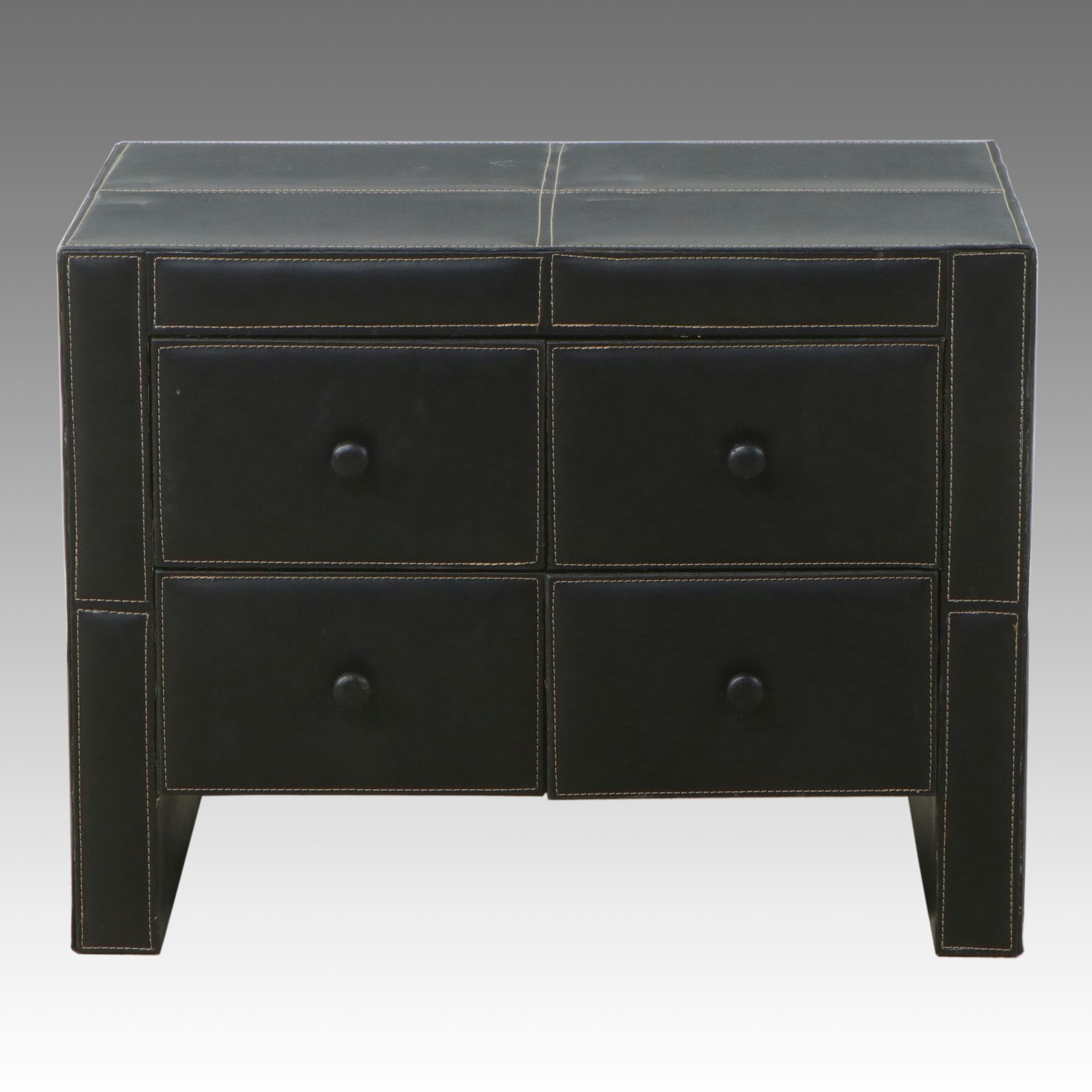 Contemporary Contrast-Stitched Black Leather Four-Drawer Commode