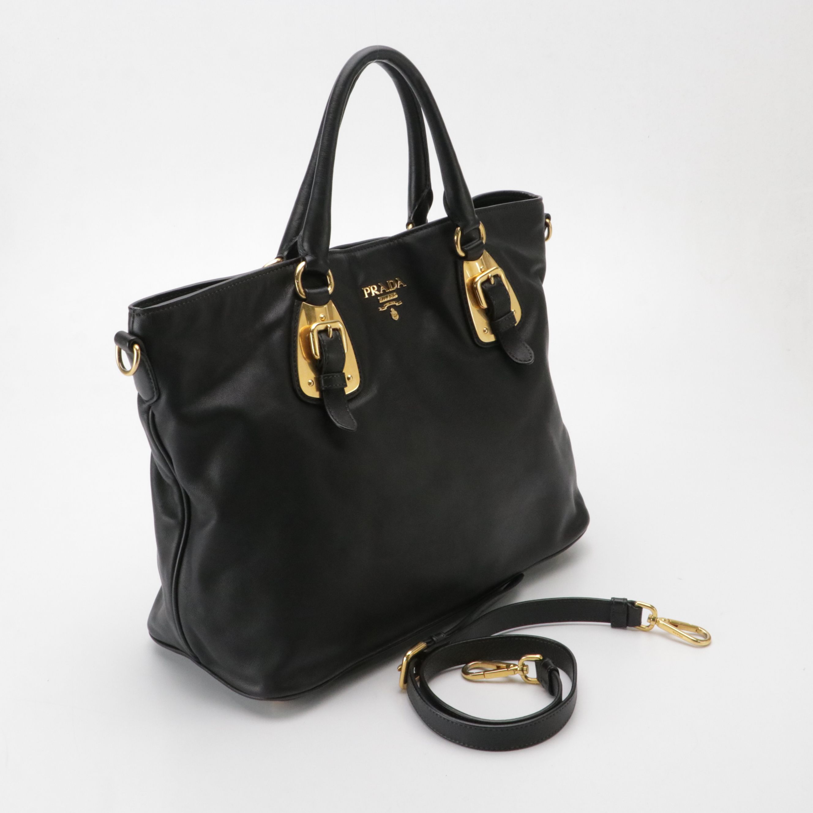 Prada Two-Way Tote Bag in Smooth Black Calfskin Leather