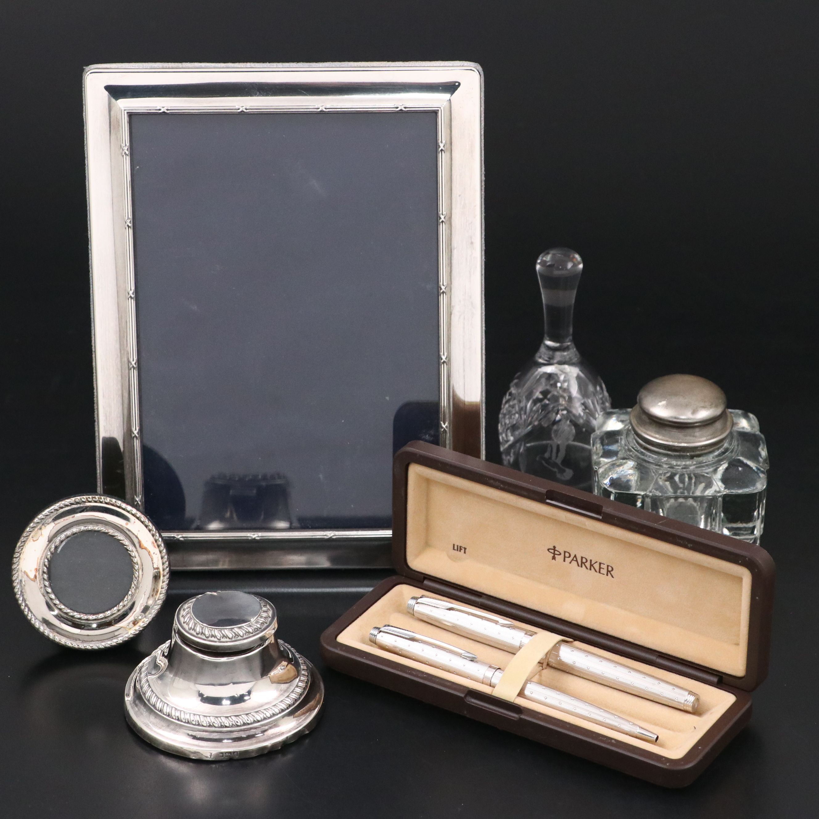 Fordham & Faulkner Weighted Sterling Inkwell with Parker Pen Set and More Décor