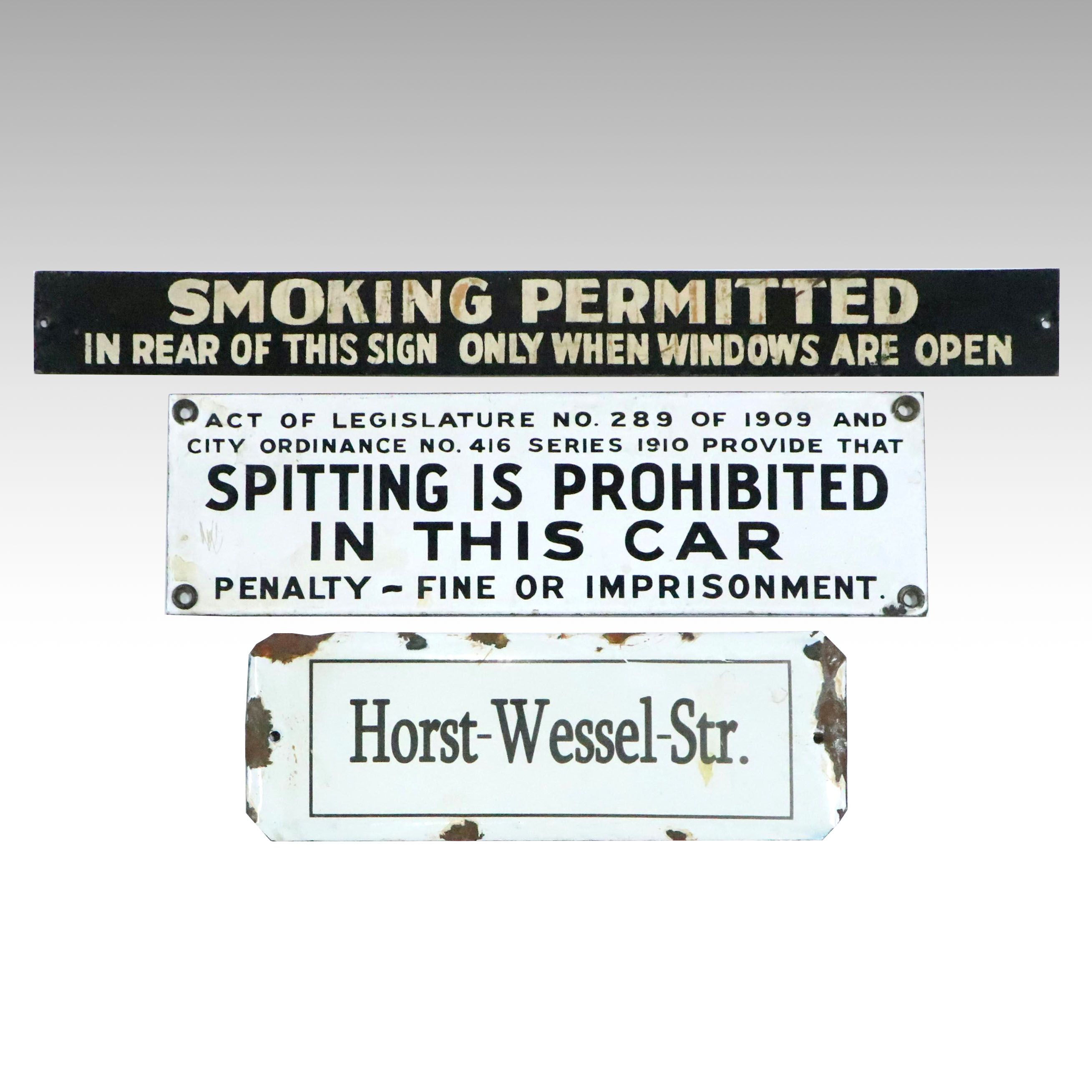 "Horst-Wessel-Str.", "Smoking Permitted" and Other Sign, Early to Mid-20th C.