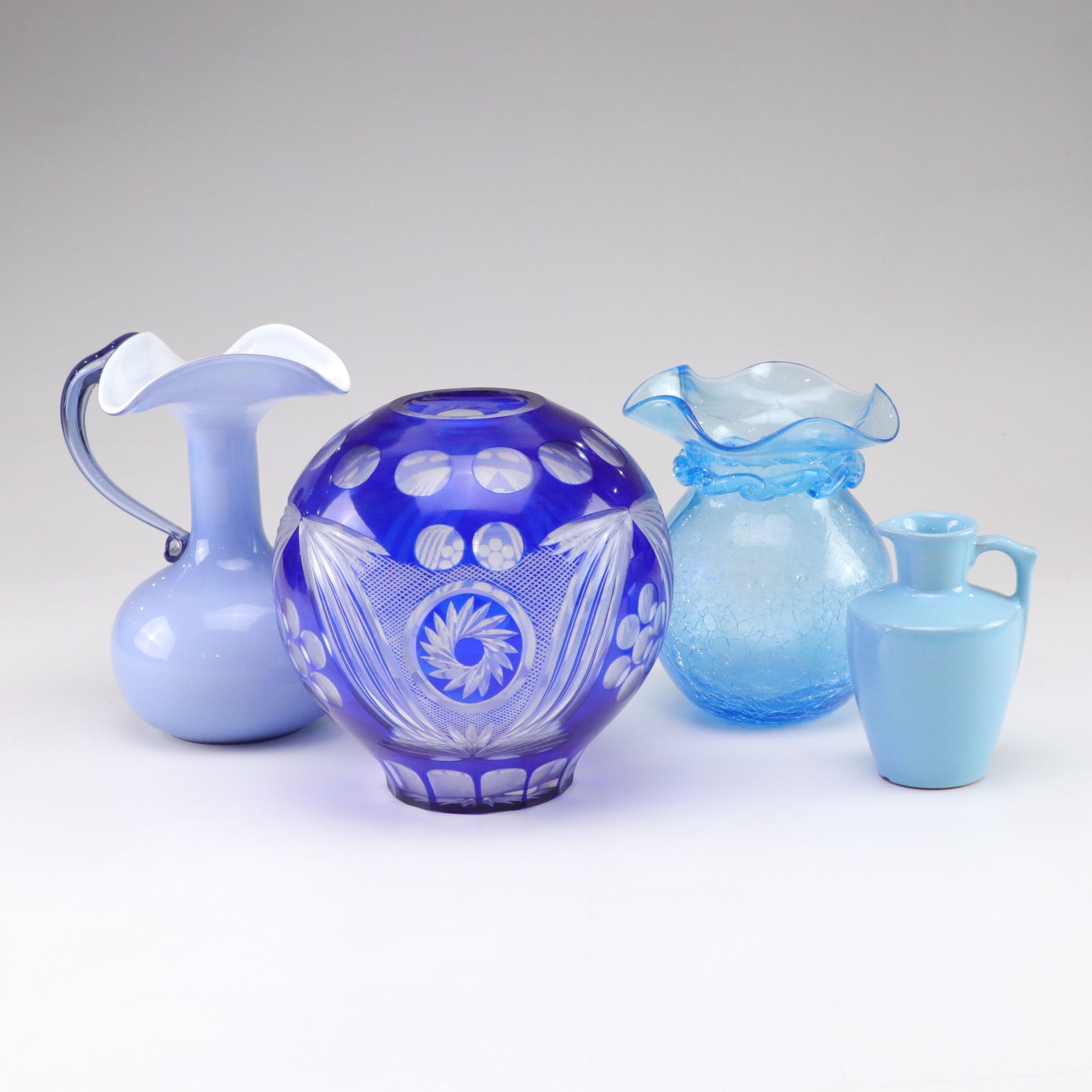 Frankoma Pitcher, Bohemian Cut-to-Clear Rose Bowl, Crackle Glass Vase & More