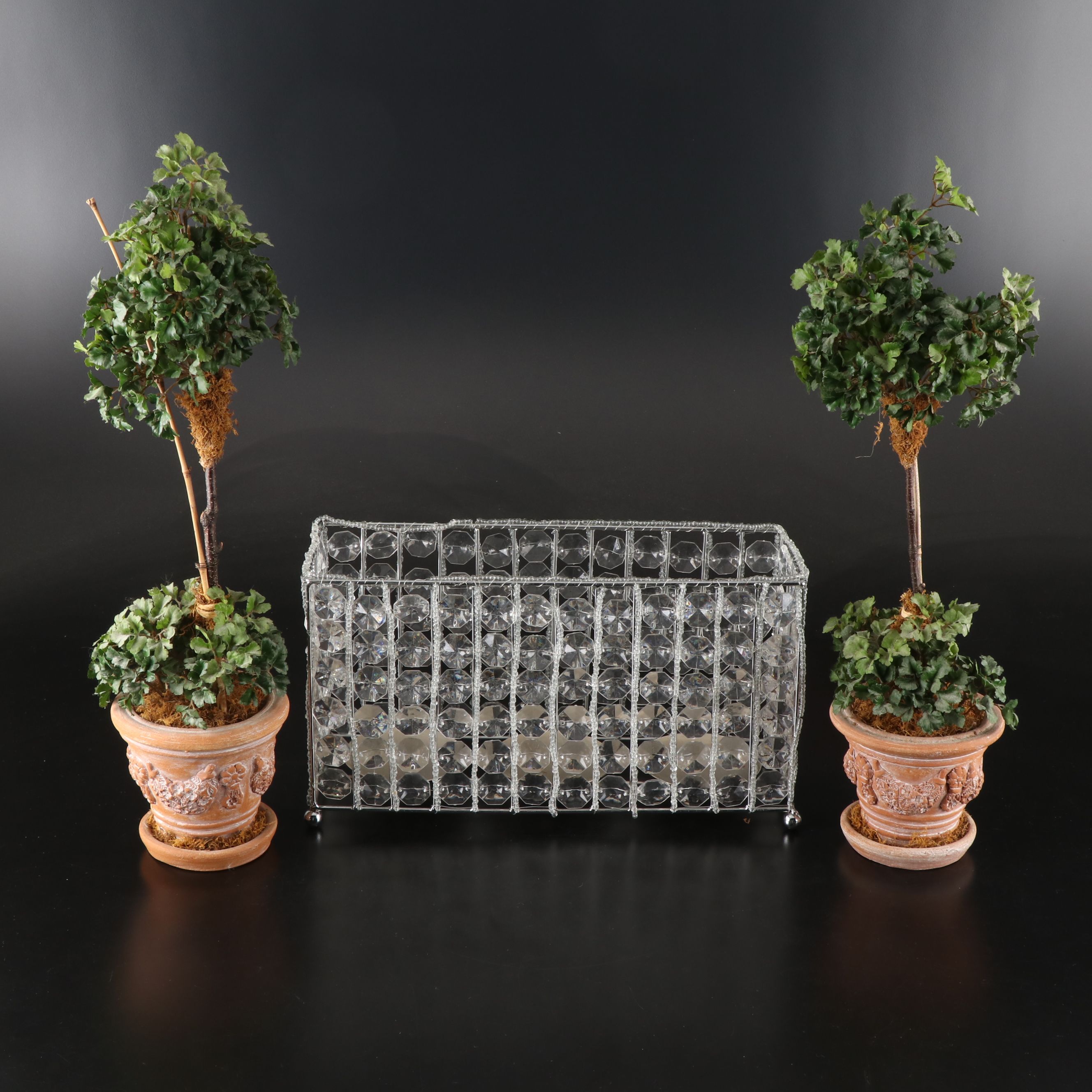 Crystal Prism Candle Holder with Artificial Topiary Trees