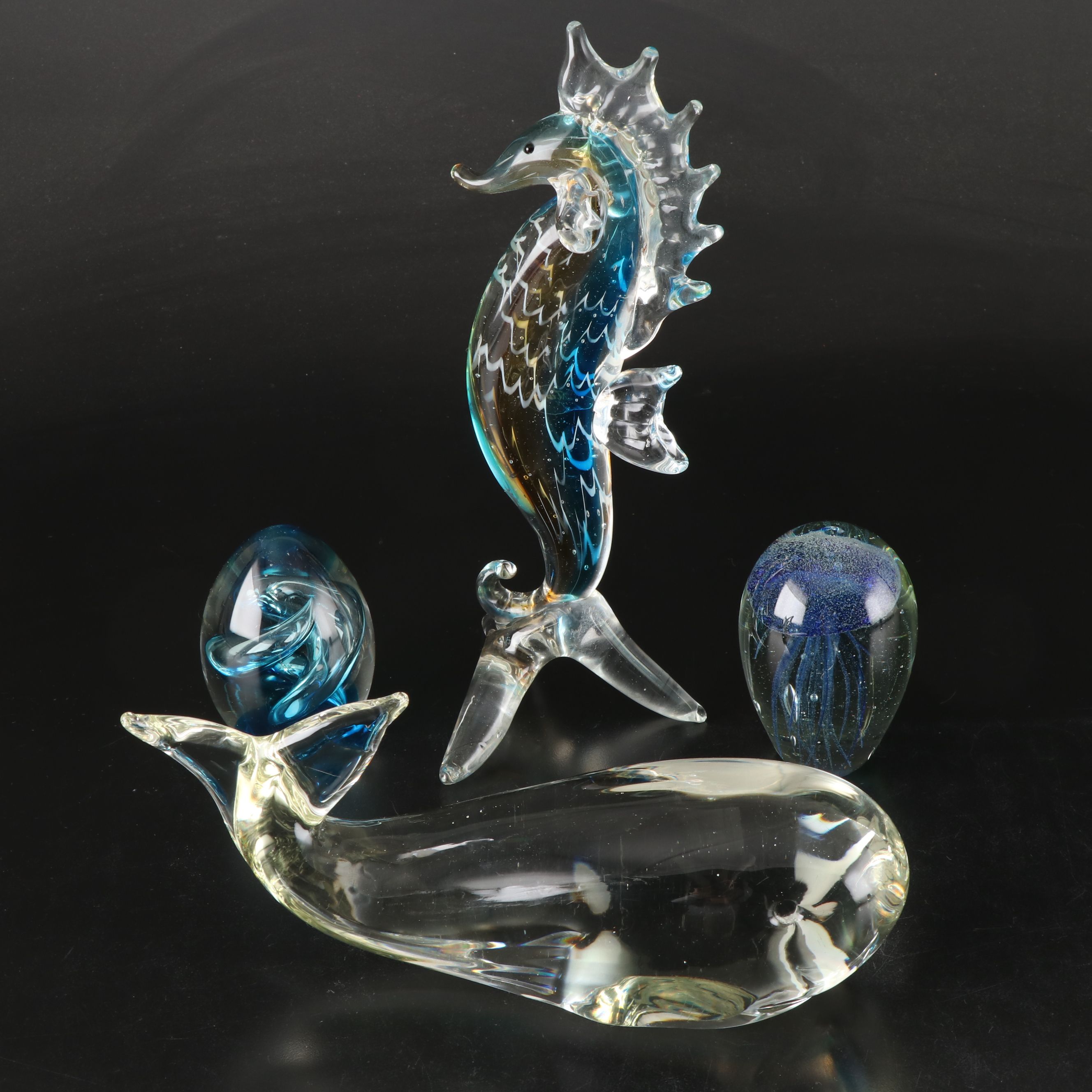 Murano Handblown Glass Seahorse Figure and Jellyfish Paperweight and Other Décor