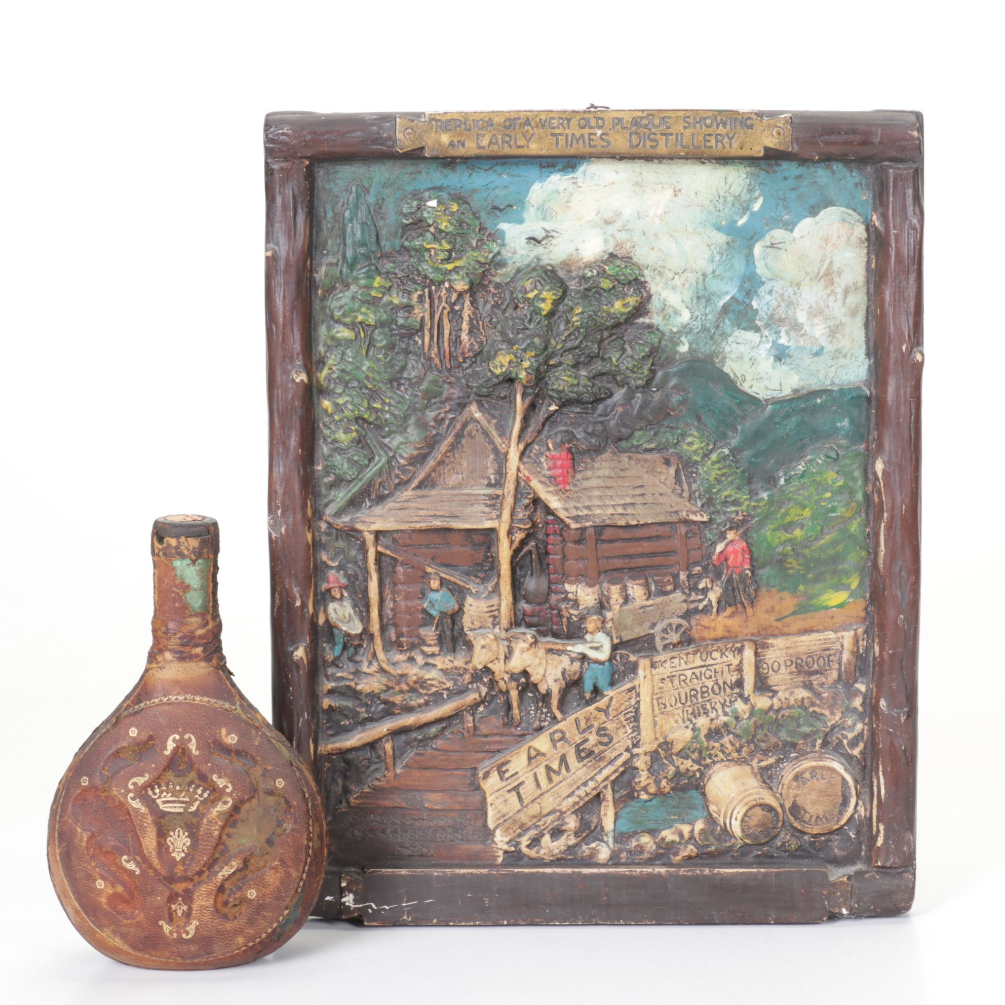 1939 Early Times Distillery Replica Chalkware Plaque & Leather Wrapped Decanter