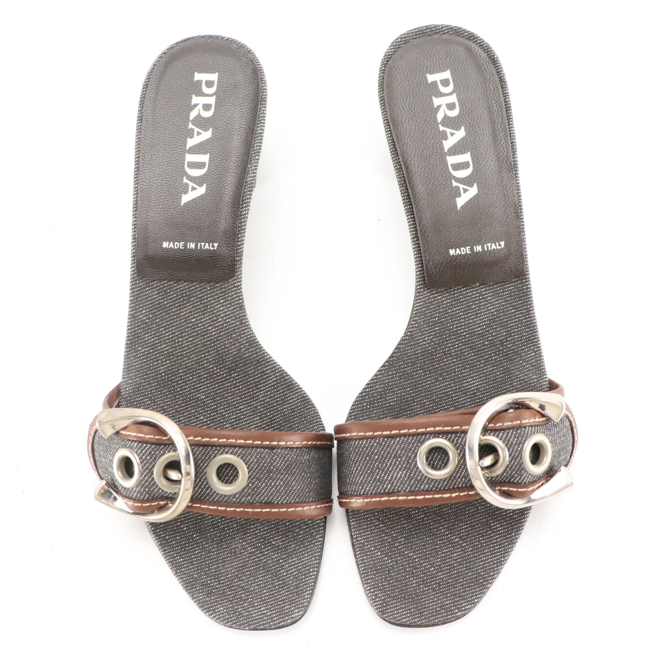 Prada Buckle Strap Sandals in Charcoal Denim and Brown Leather Trim, With Box
