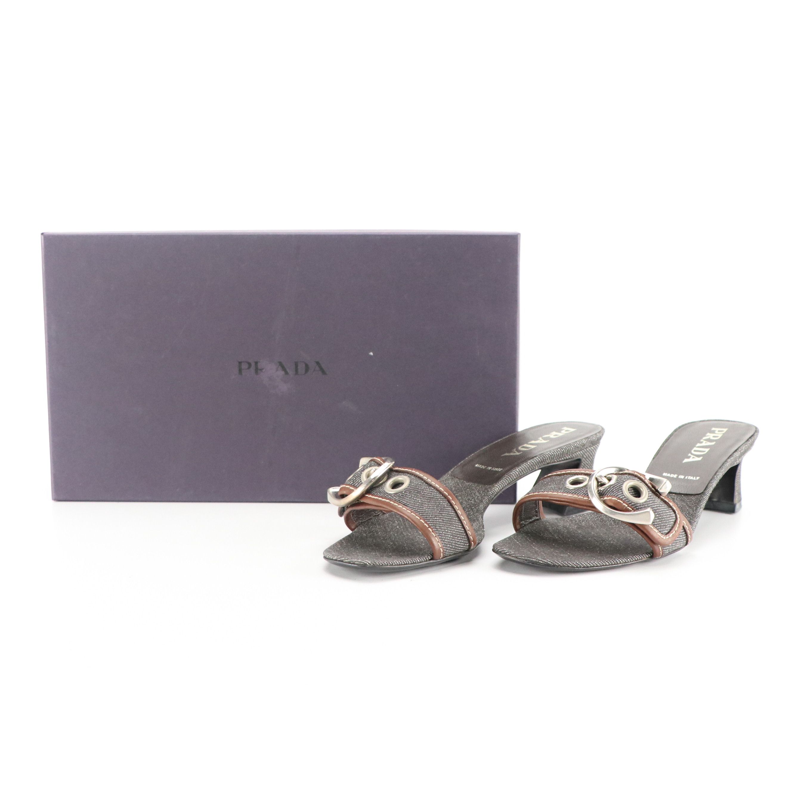 Prada Buckle Strap Sandals in Charcoal Denim and Brown Leather Trim, With Box