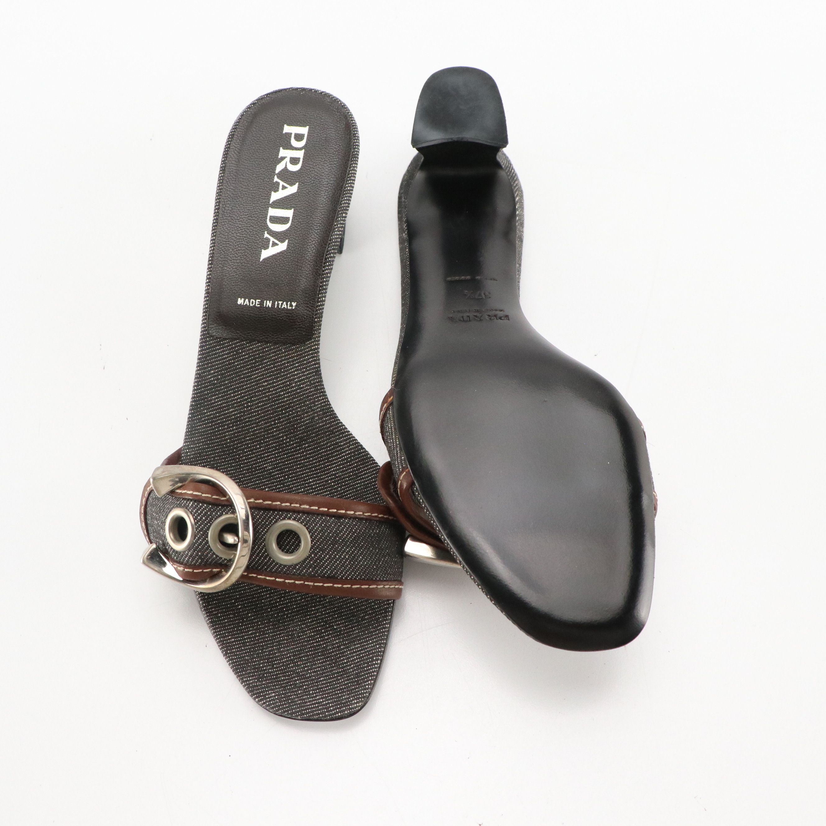 Prada Buckle Strap Sandals in Charcoal Denim and Brown Leather Trim, With Box