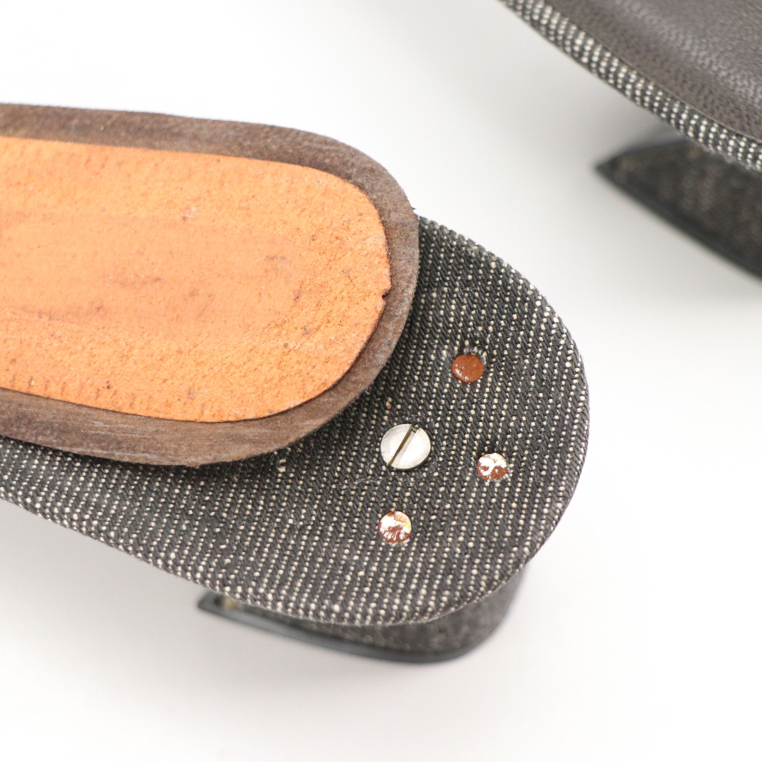 Prada Buckle Strap Sandals in Charcoal Denim and Brown Leather Trim, With Box