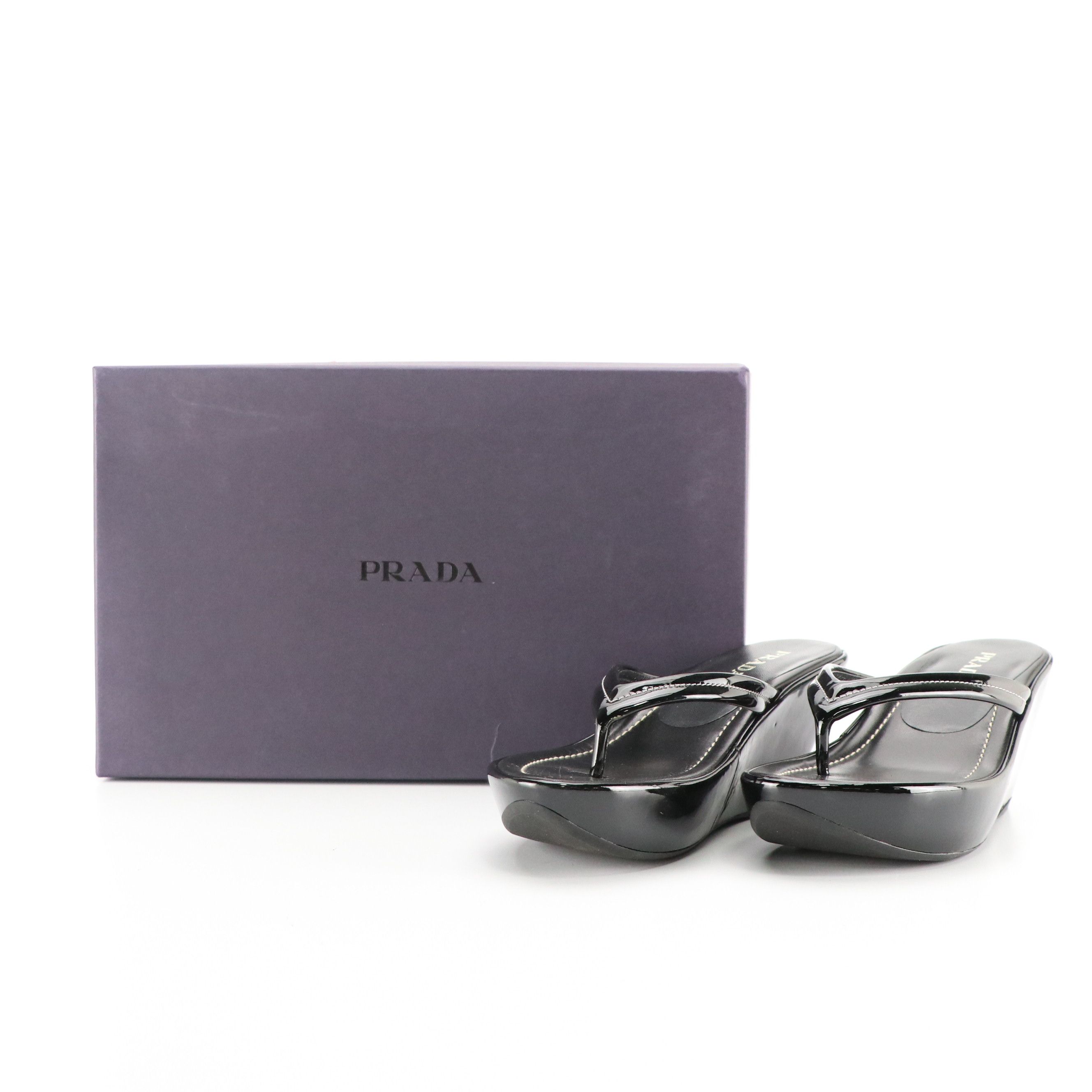 Prada Thong Strap Wedge Sandals in Black Patent Leather, With Box