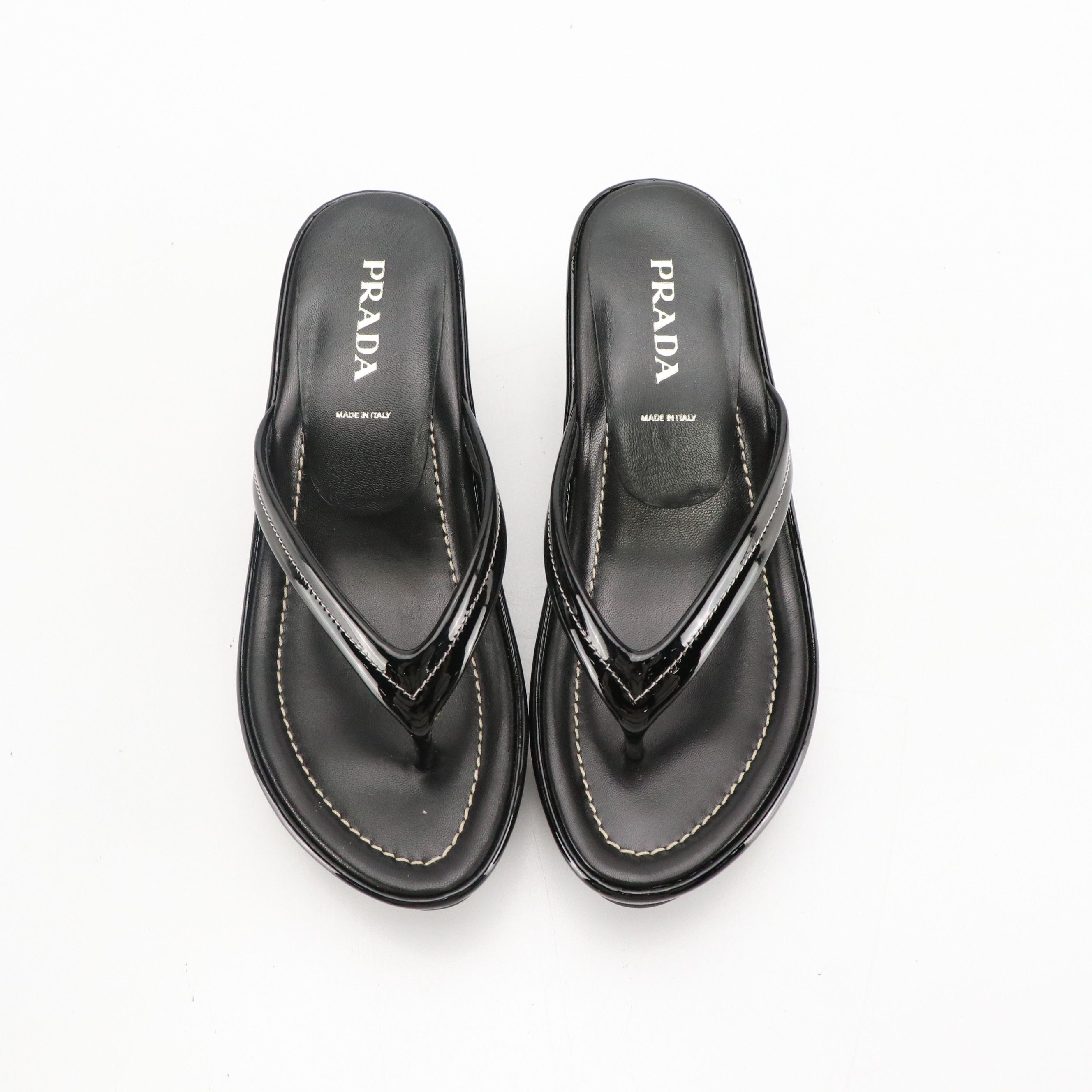 Prada Thong Strap Wedge Sandals in Black Patent Leather, With Box