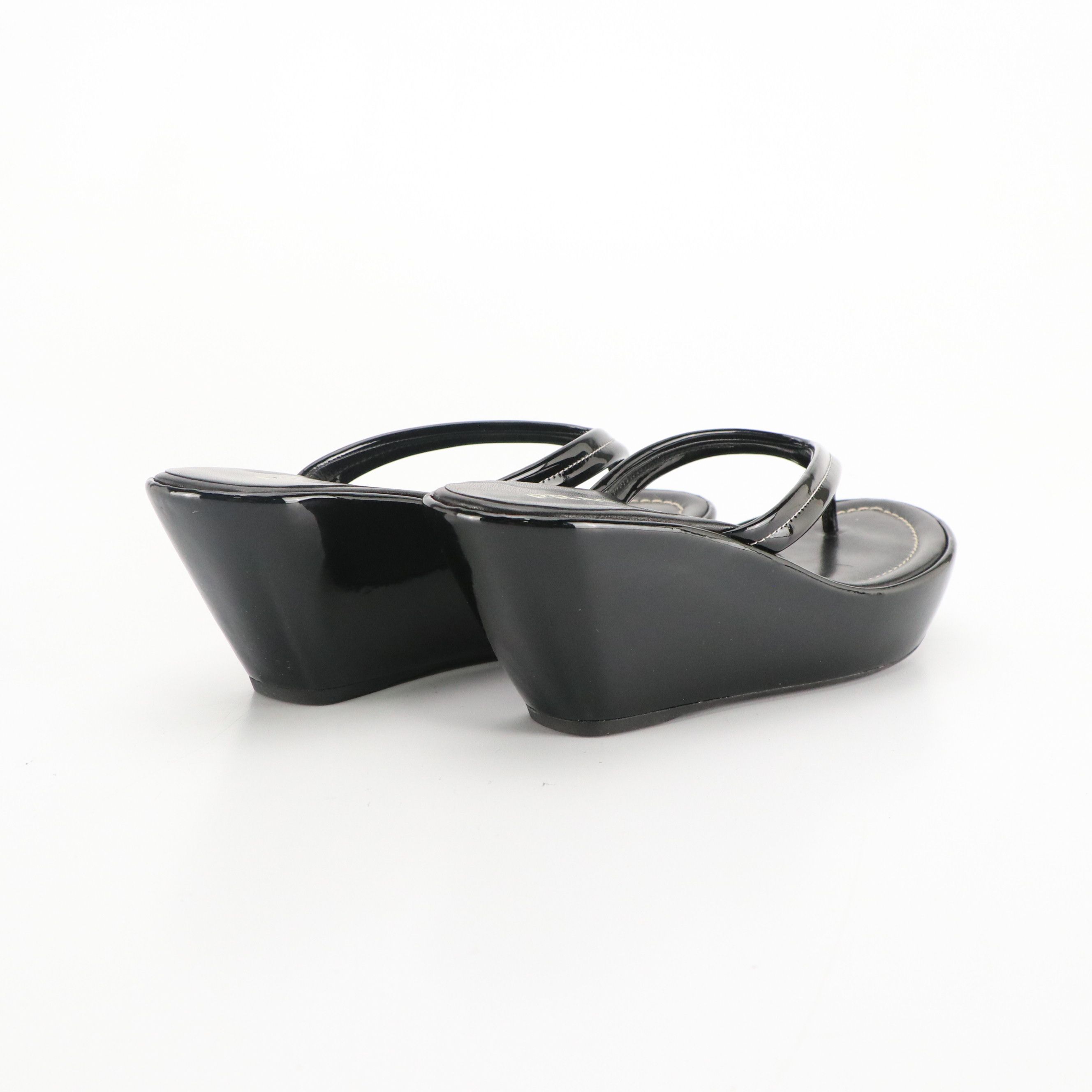 Prada Thong Strap Wedge Sandals in Black Patent Leather, With Box