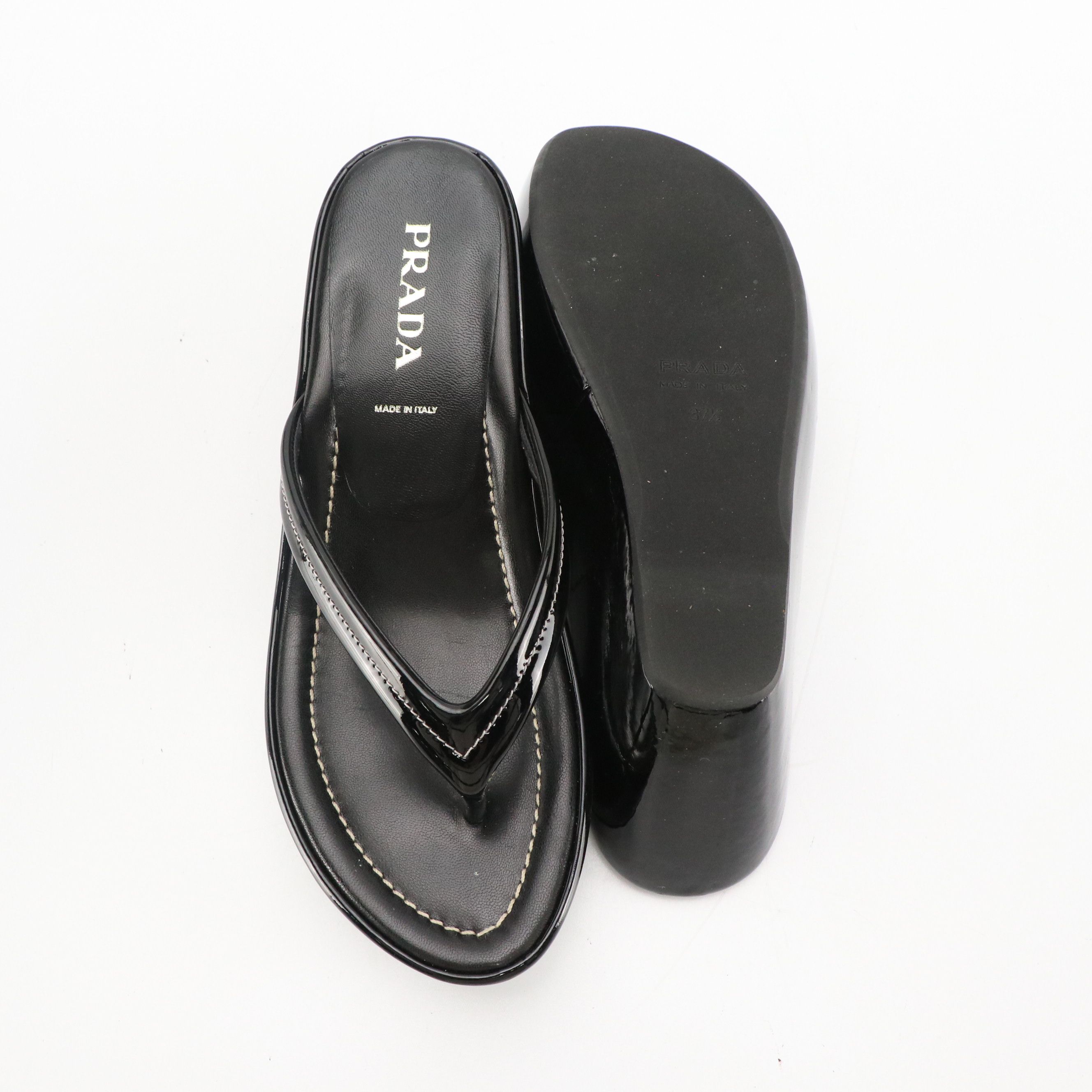 Prada Thong Strap Wedge Sandals in Black Patent Leather, With Box