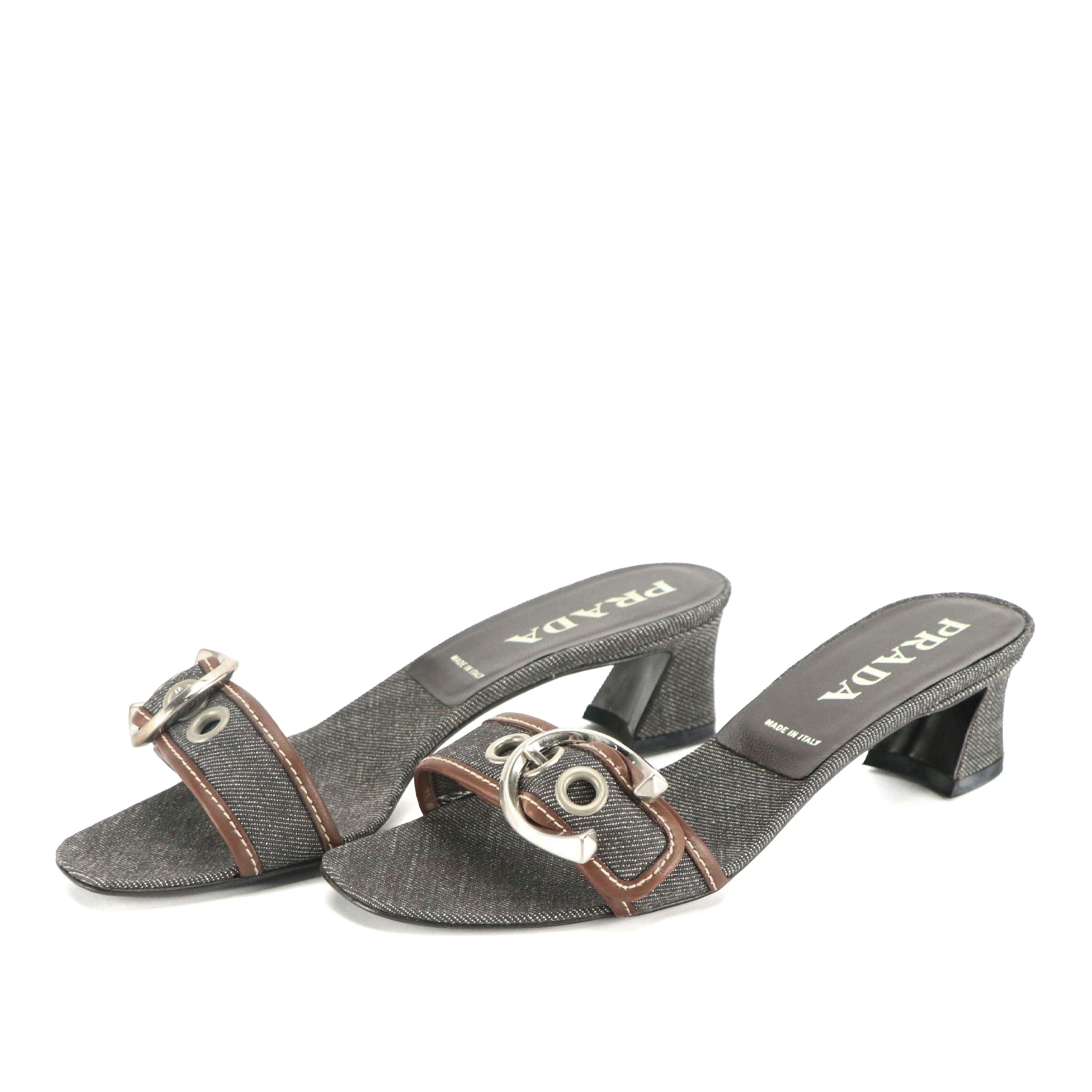 Prada Buckle Strap Sandals in Charcoal Denim and Brown Leather Trim, With Box