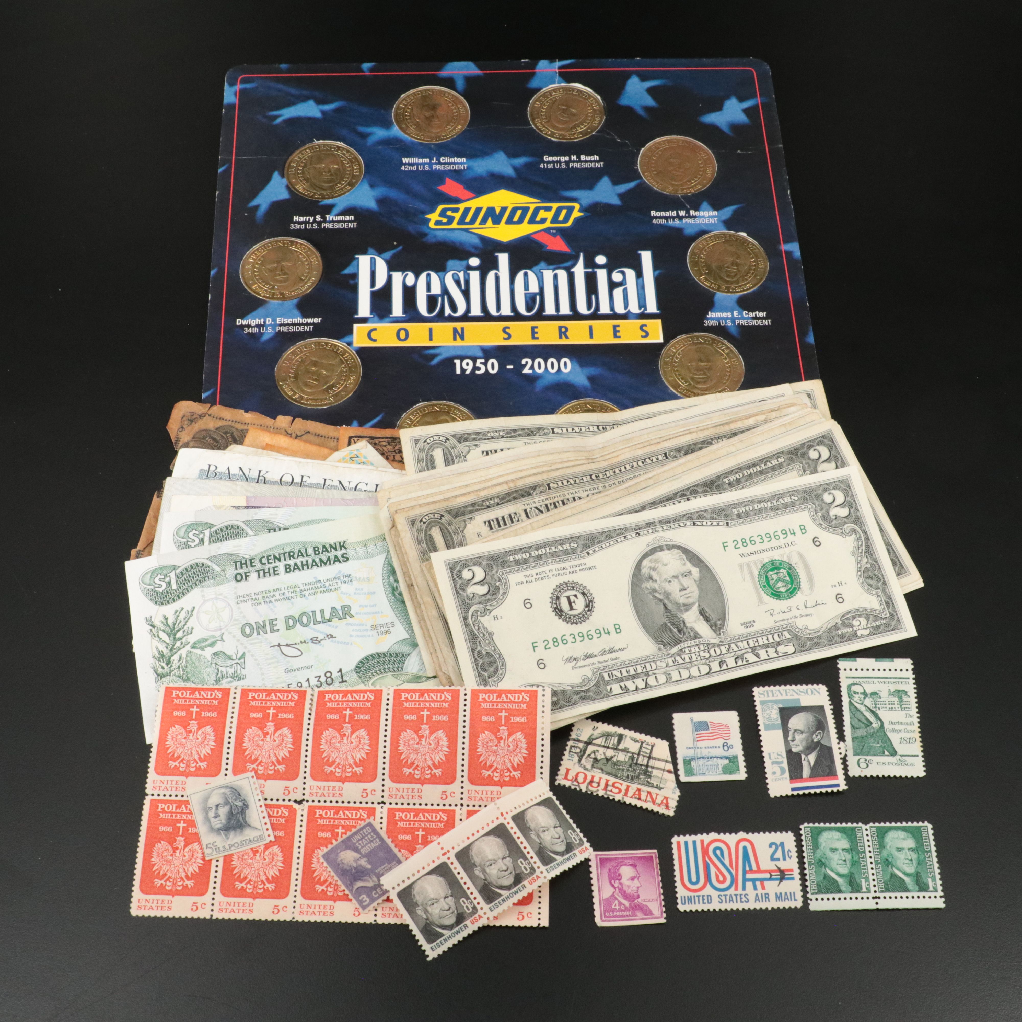Collection of Vintage U.S. and Foreign Currency, Medals and Stamps