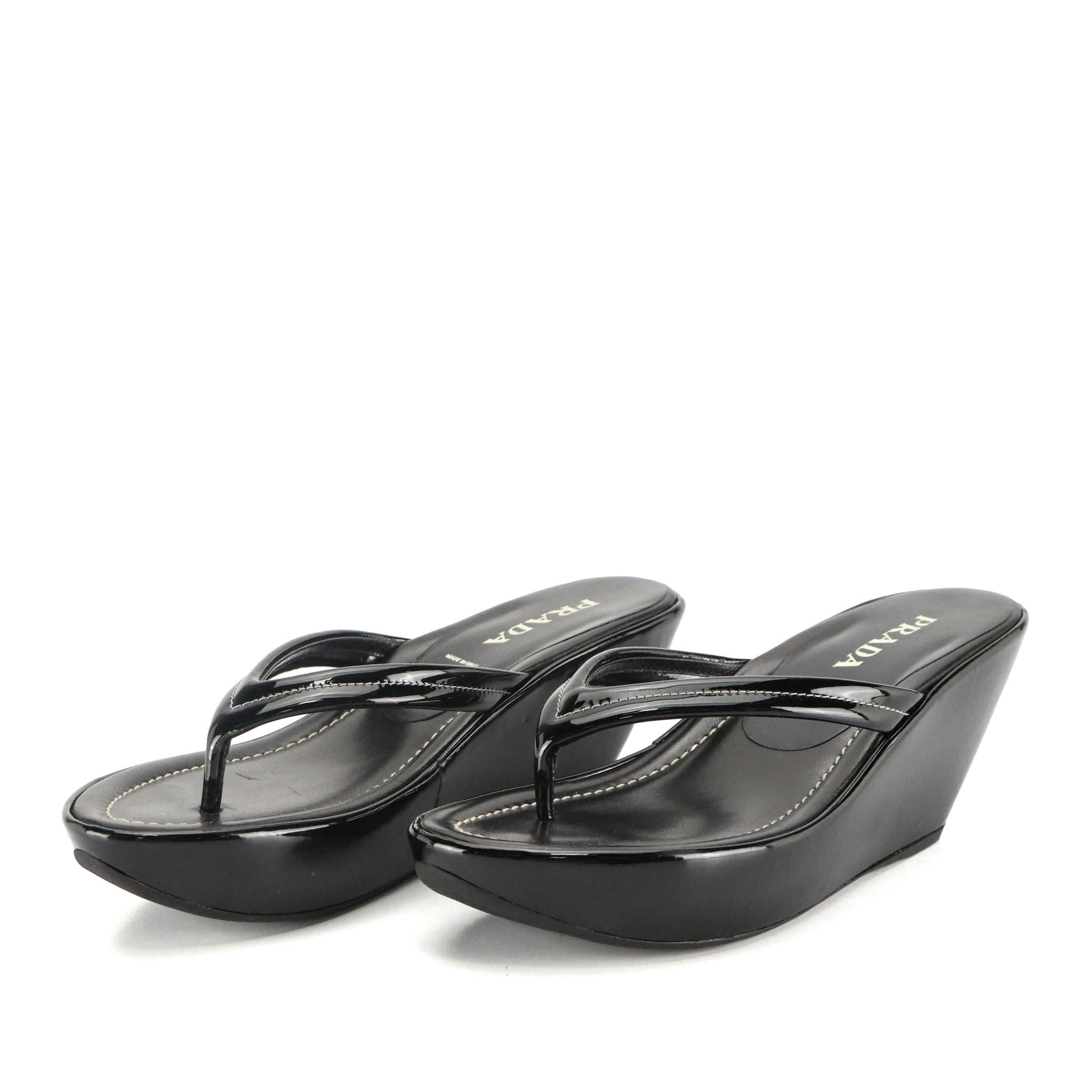 Prada Thong Strap Wedge Sandals in Black Patent Leather, With Box