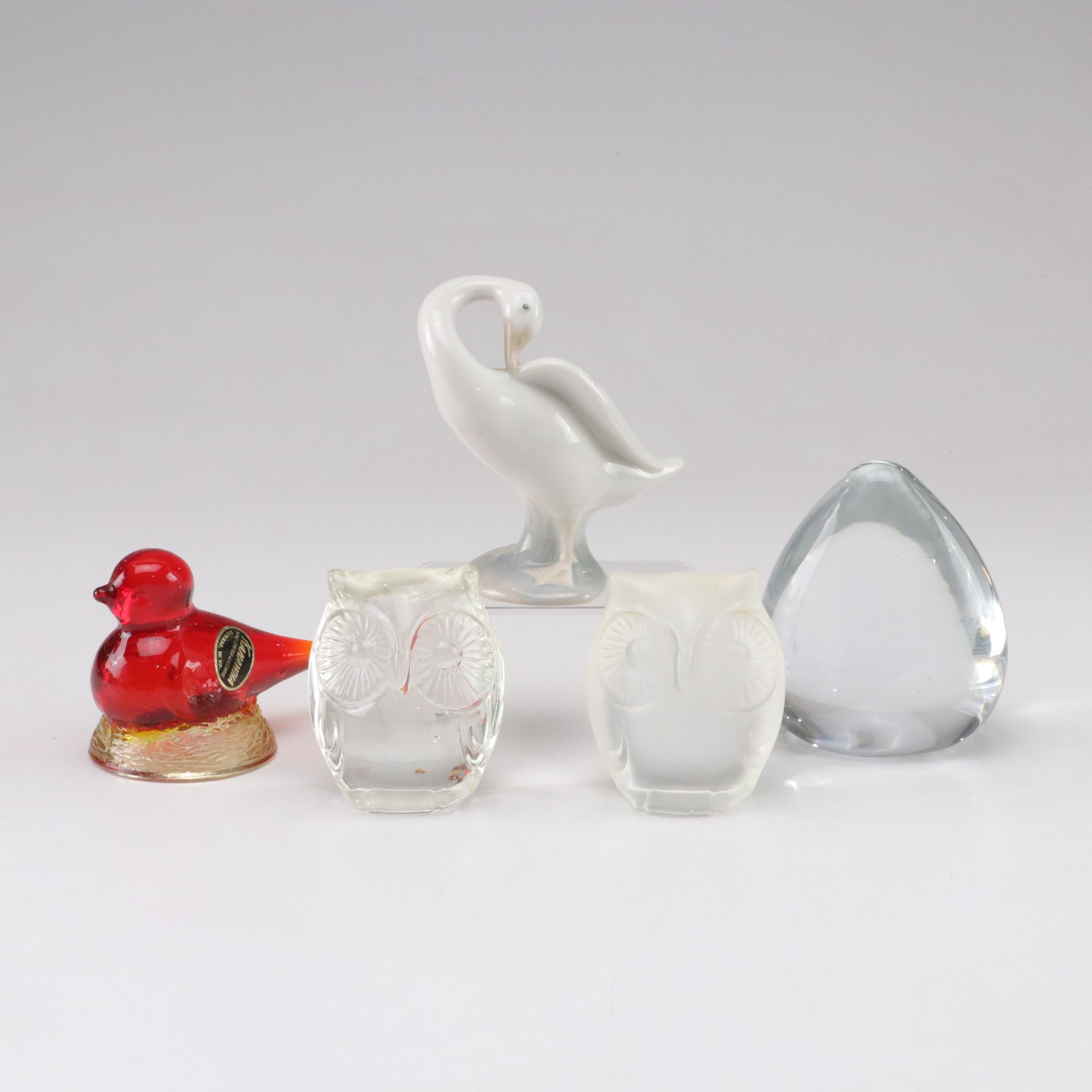 Lladró "Preening Goose" Figurine, Kanawha Red Bird, Fenton Owls & Paperweight