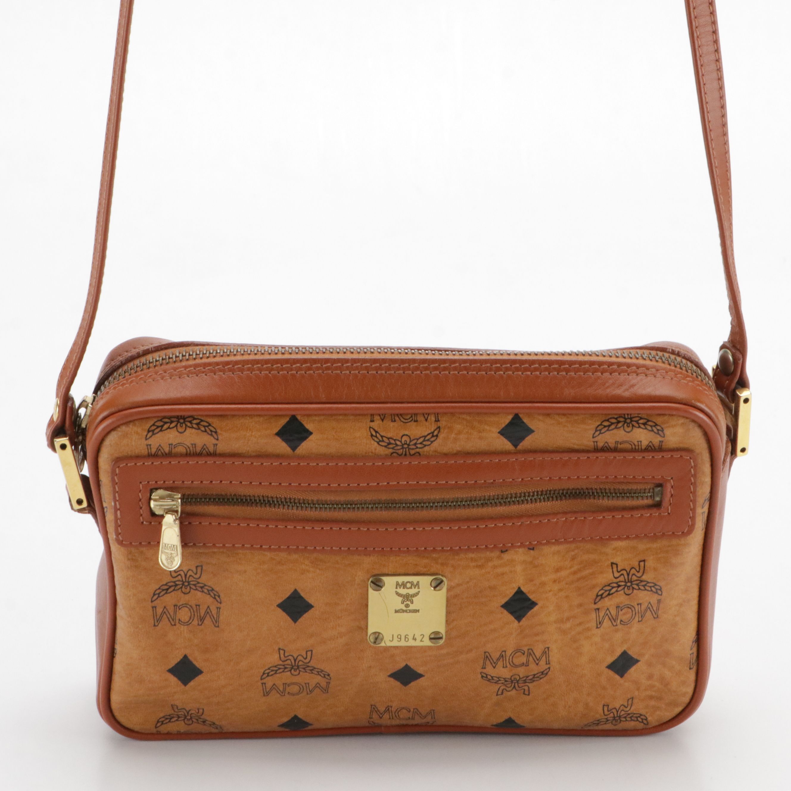 MCM Crossbody Camera Bag in Cognac Visetos Canvas and Brown Leather