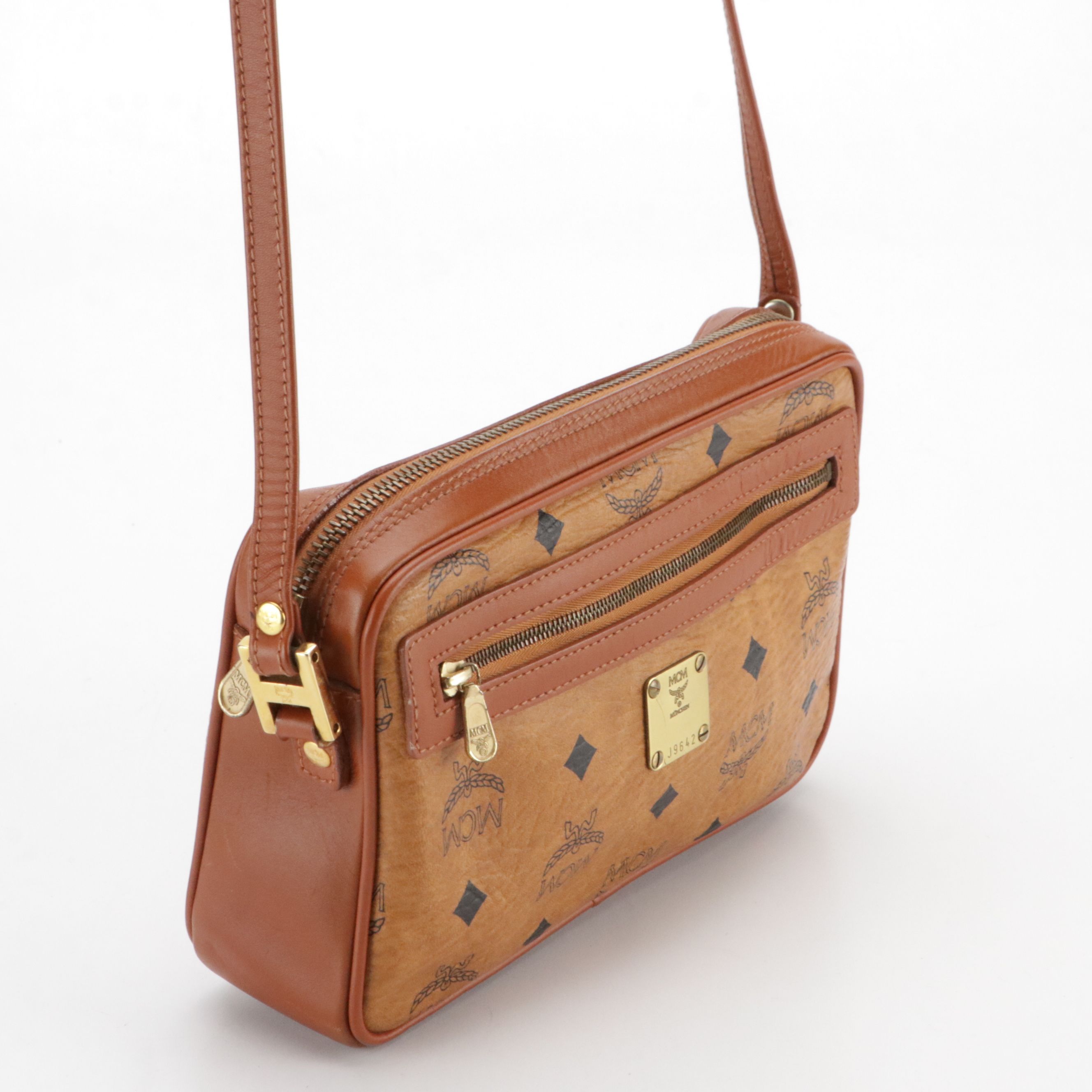 MCM Crossbody Camera Bag in Cognac Visetos Canvas and Brown Leather